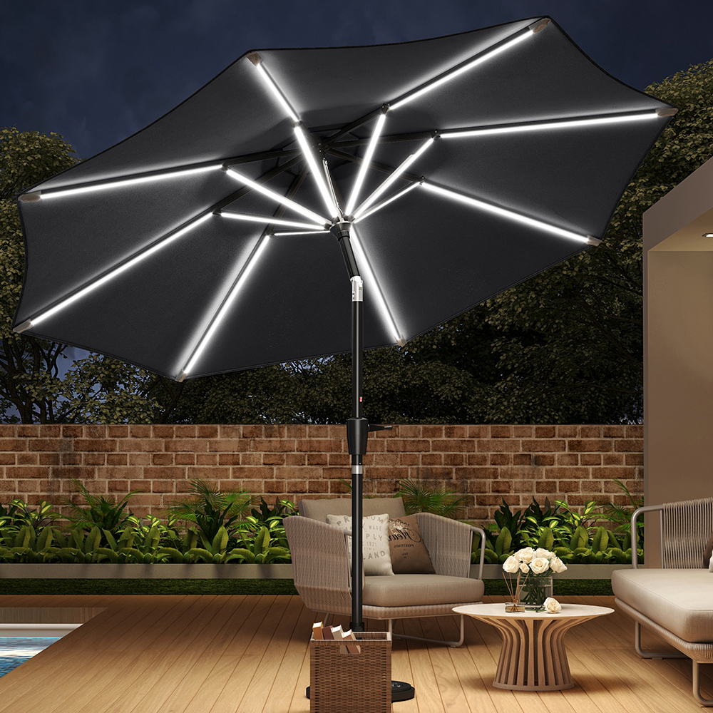 New 3M Solar Powered LED Parasol Outdoor Garden Tilt Umbrella with Crank