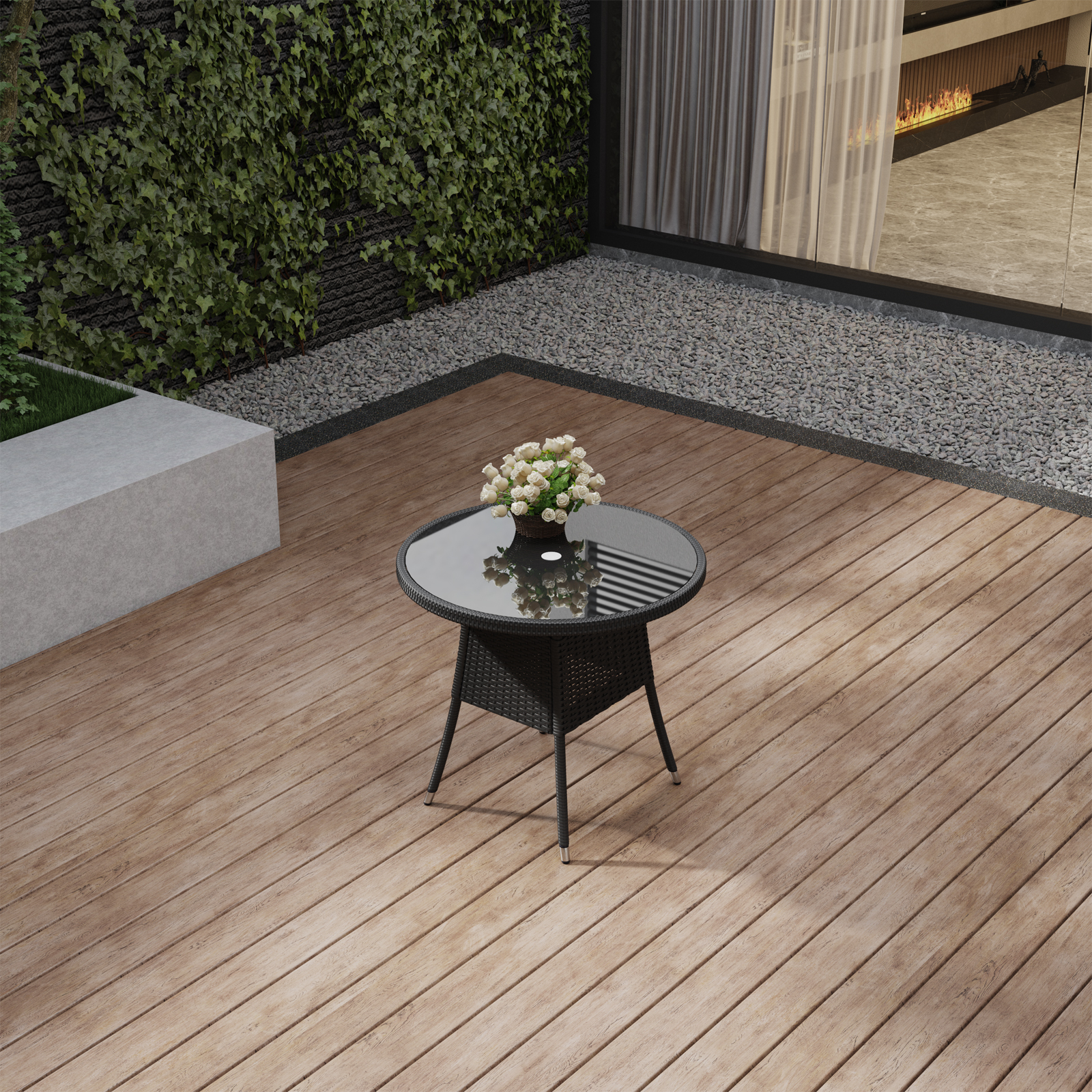 New Rattan Wicker Tempered Glass Garden Table with Parasol Hole 80cm Dia