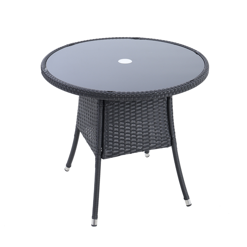 New Rattan Wicker Tempered Glass Garden Table with Parasol Hole 80cm Dia