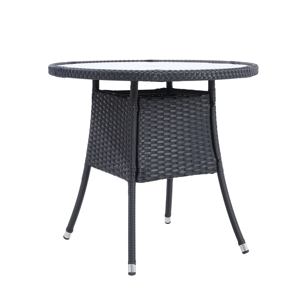 New Rattan Wicker Tempered Glass Garden Table with Parasol Hole 80cm Dia