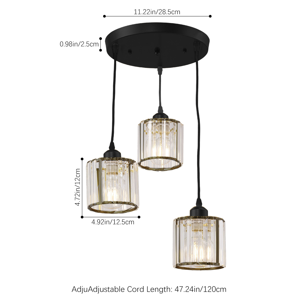 New Black 3-Light Crystal Ceiling Pendant Light Fixture Non Dimmable