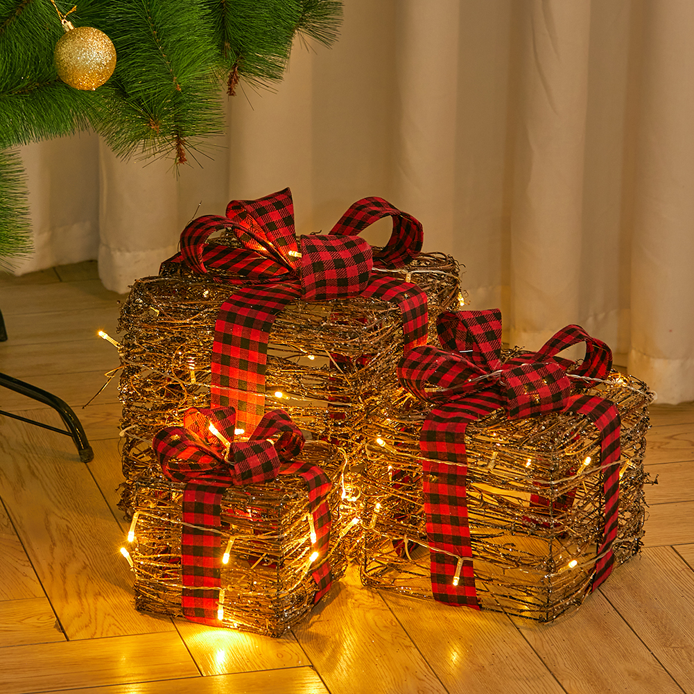 New 3Pcs Rattan Weaving Christmas Gift Boxes with Lighting
