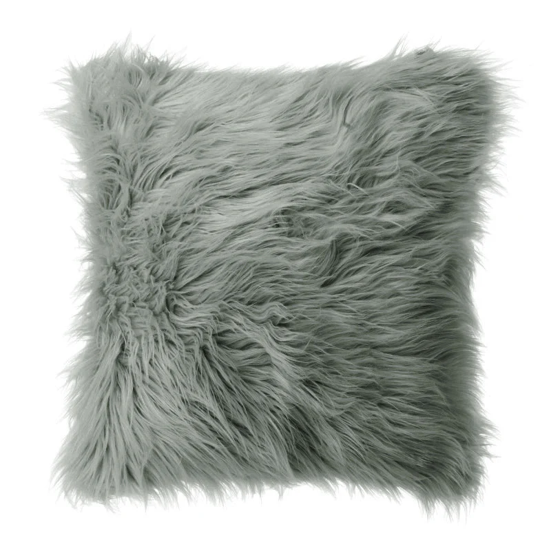 Square Fluffy Faux Fur Throw Pillow Grey