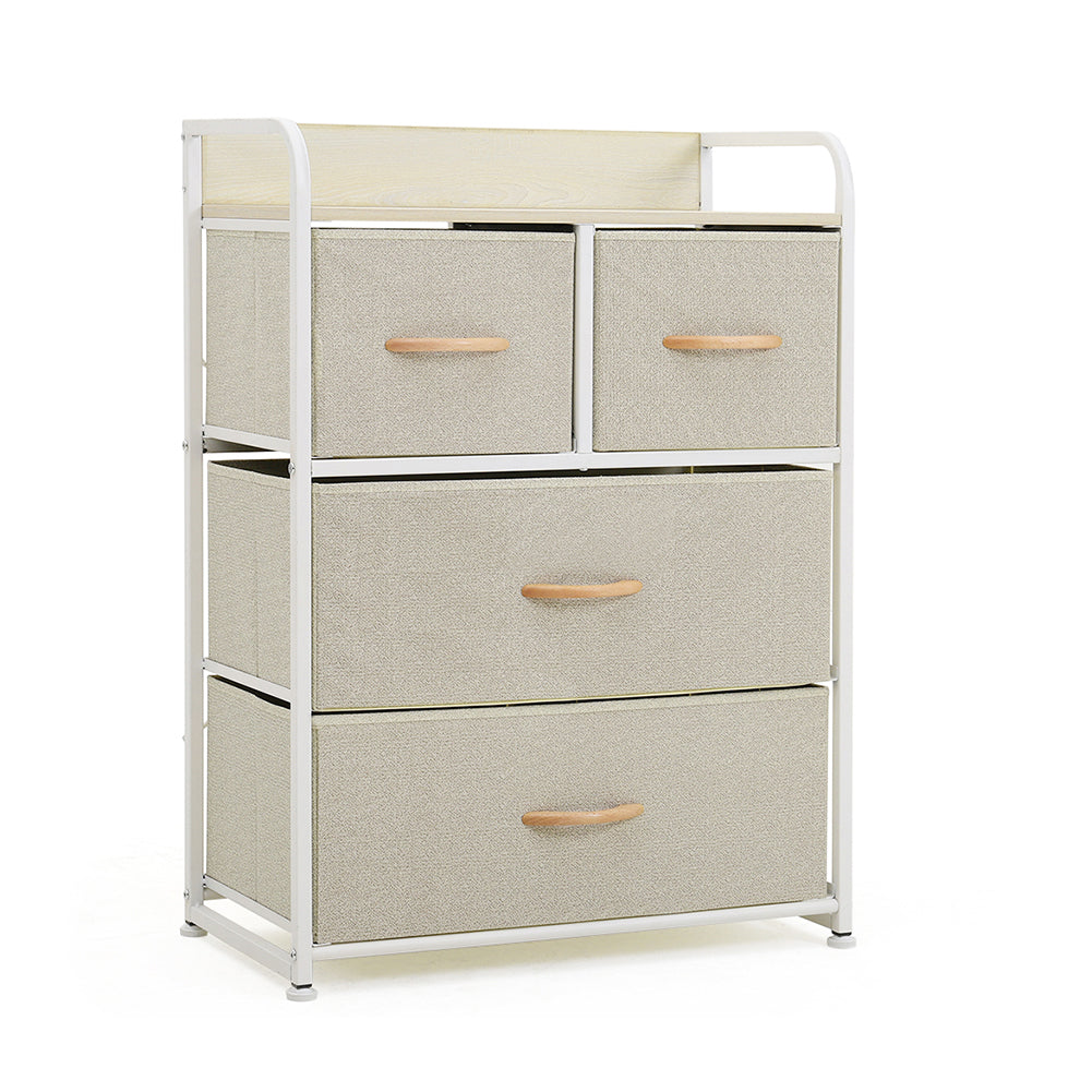 New Beige Fabric 4 Drawer Storage Cabinet with White Metal Frame