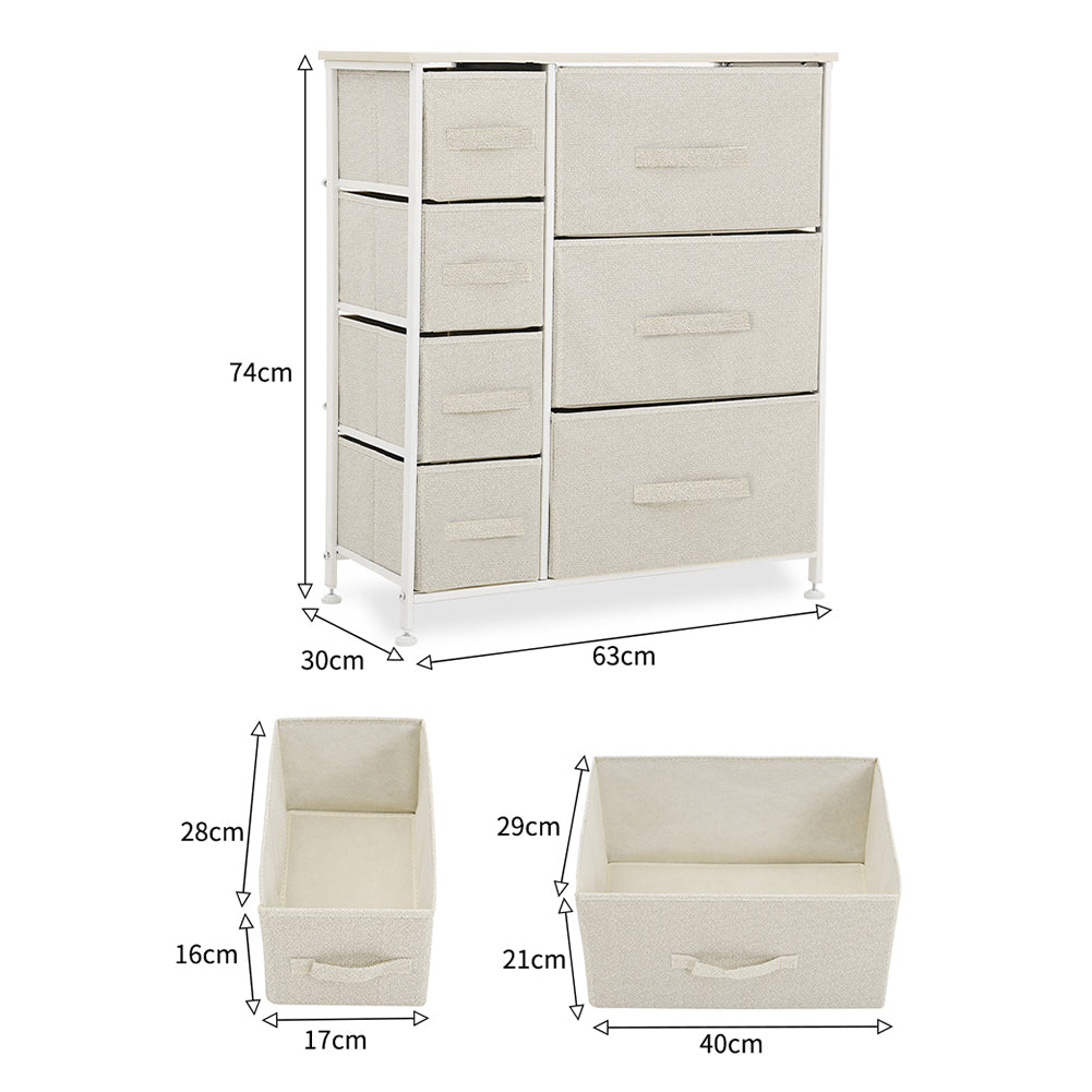 New Beige Fabric 7 Drawer Storage Cabinet with White Metal Frame and Wooden Top