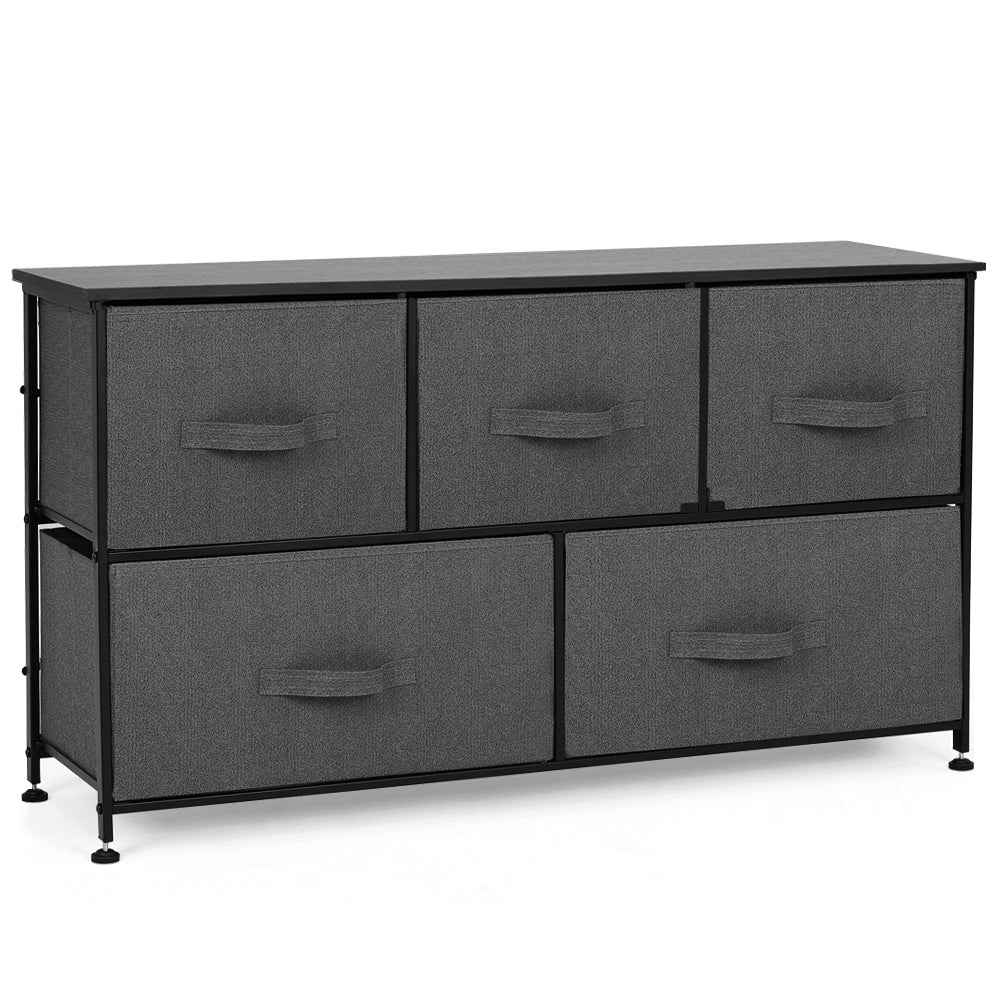 New Dark Grey Fabric 5 Drawer Storage Cabinet with Black Metal Frame and Wooden Top