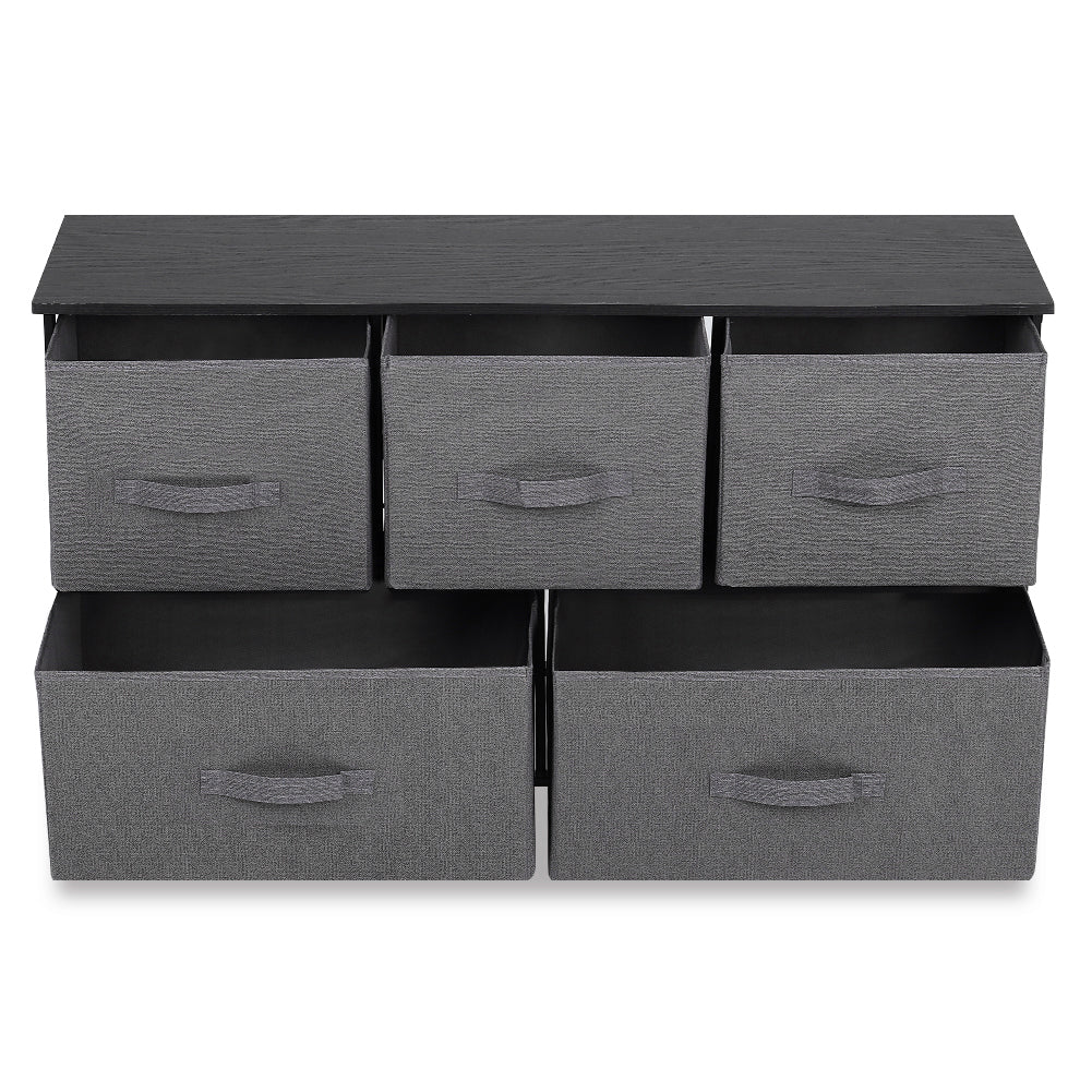 New Dark Grey Fabric 5 Drawer Storage Cabinet with Black Metal Frame and Wooden Top