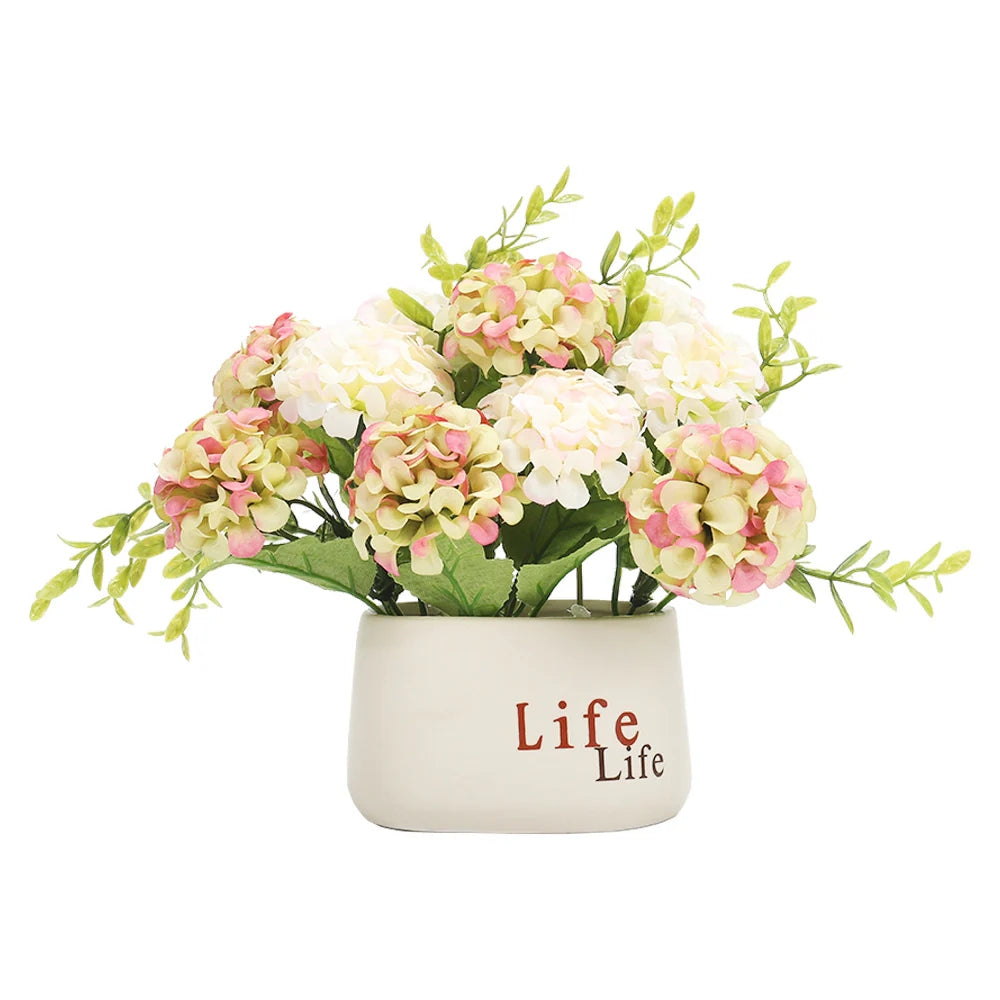 Artificial Hydrangea Flower in Ceramic Planter for Desktop Decoration