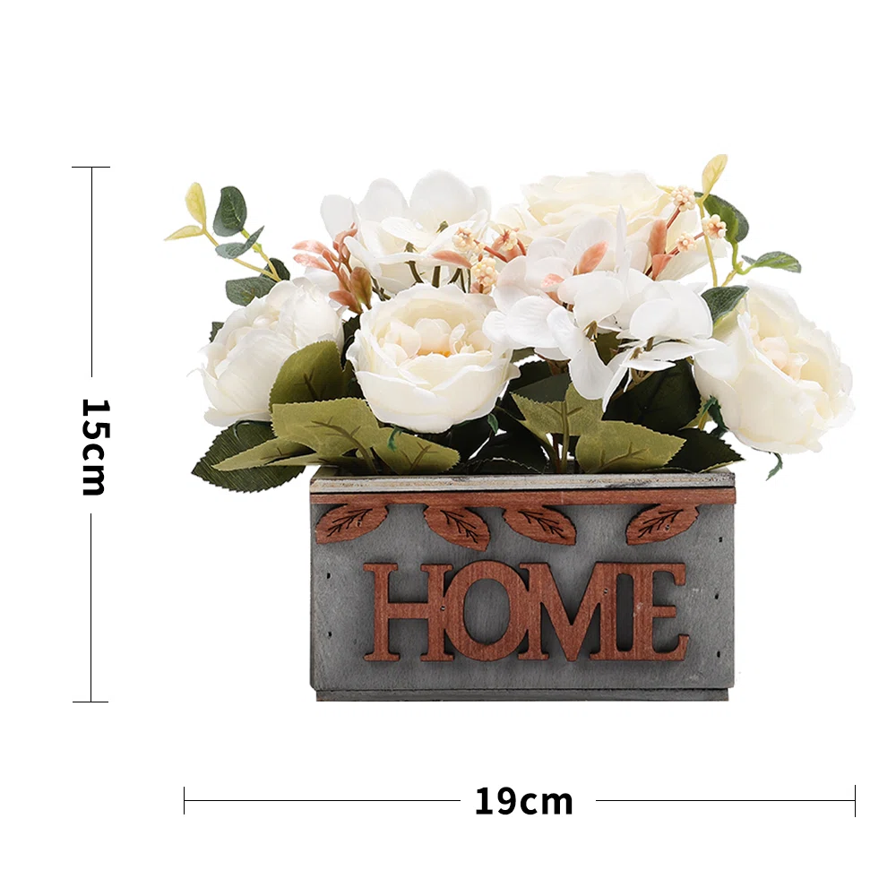 Country style Fake Hydrangea Peony in Rustic Wooden Planter Tabletop Decoration
