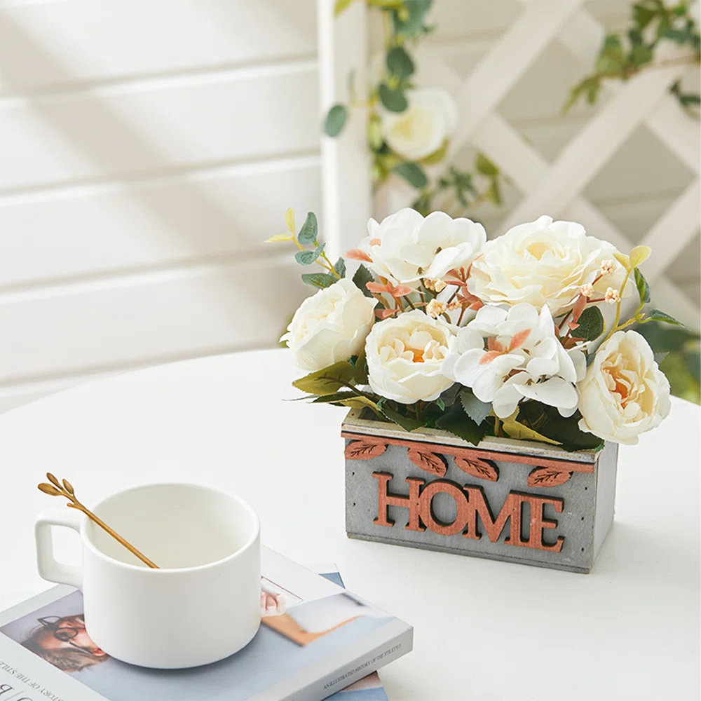 Country style Fake Hydrangea Peony in Rustic Wooden Planter Tabletop Decoration