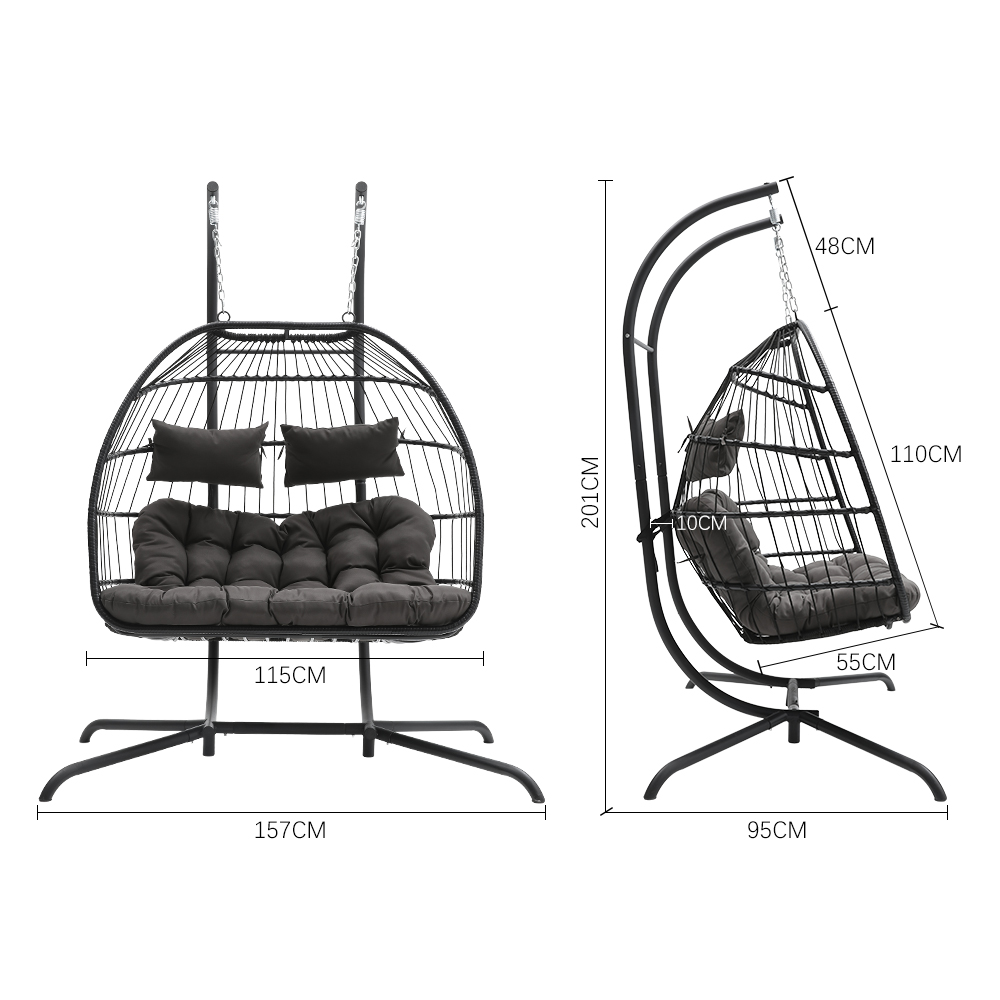 New Outdoor Garden Hanging 2-Seater Egg Chair with Dark Grey Cushion