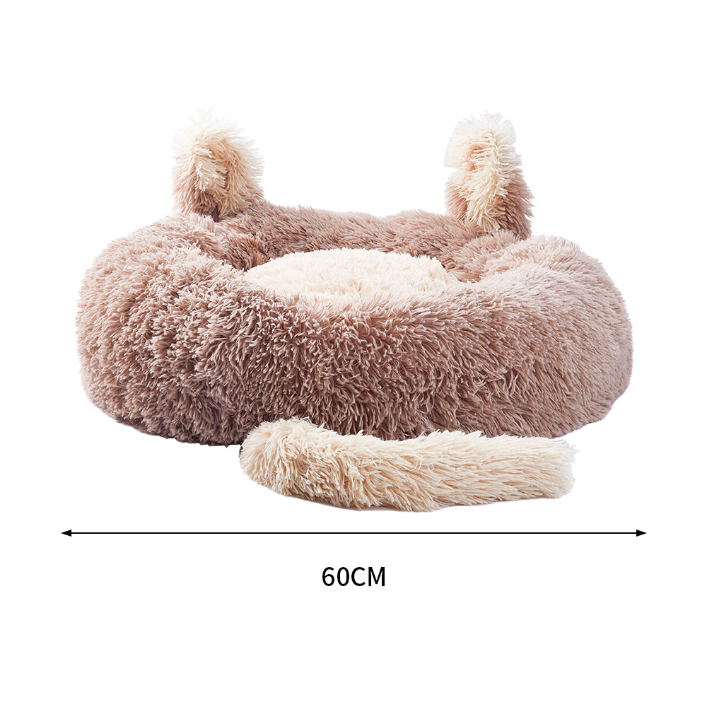 Round Plush Pet Dog Cat Calming Bed with Cute Ears Beige Brown