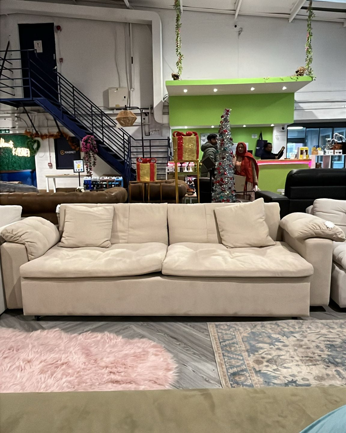 Beige Velvet Pull Out Sofa Bed with Cushions 255cm