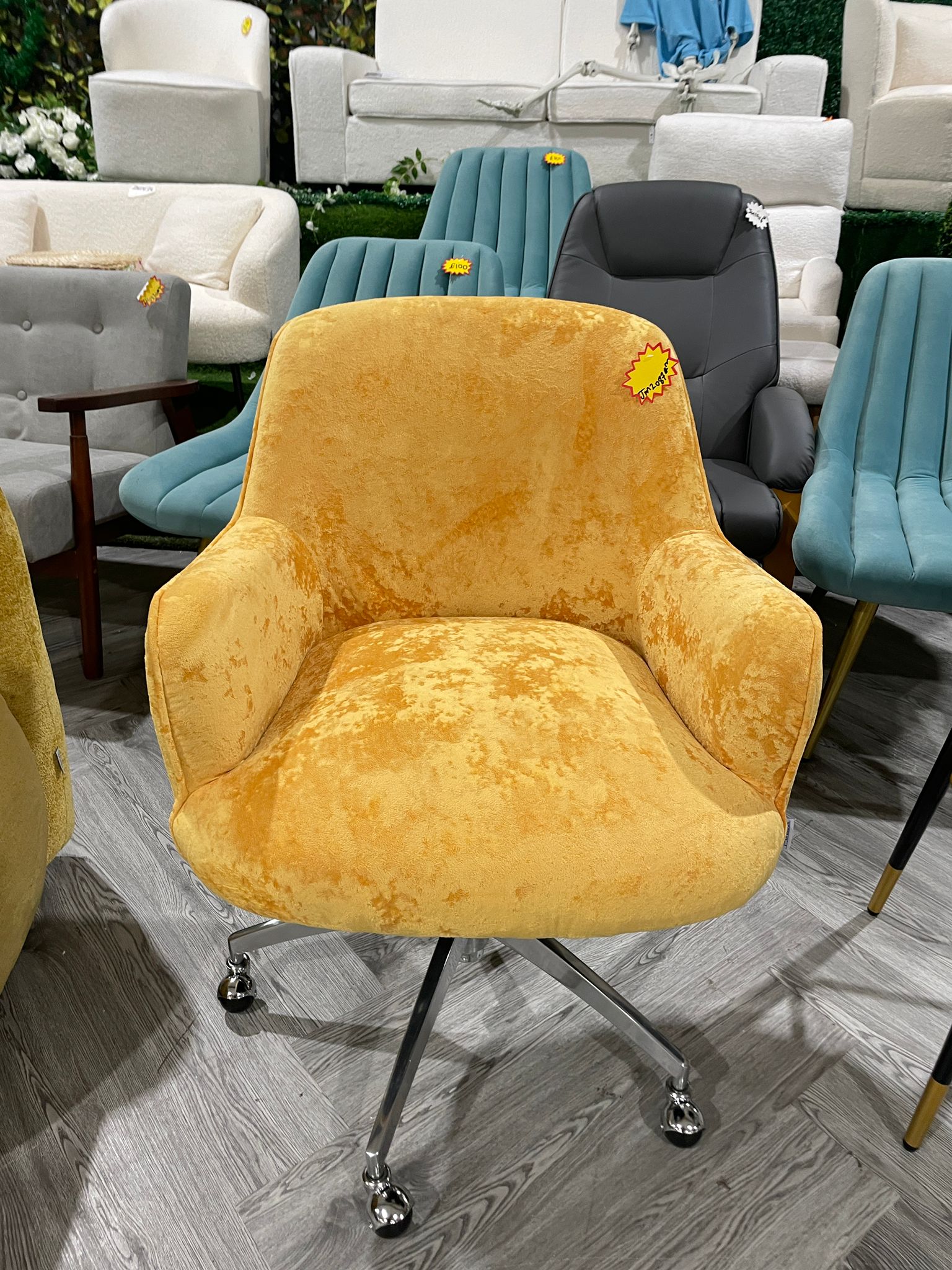 Height Adjustable Velvet Upholstered Swivel Office Chair with Wheels Yellow