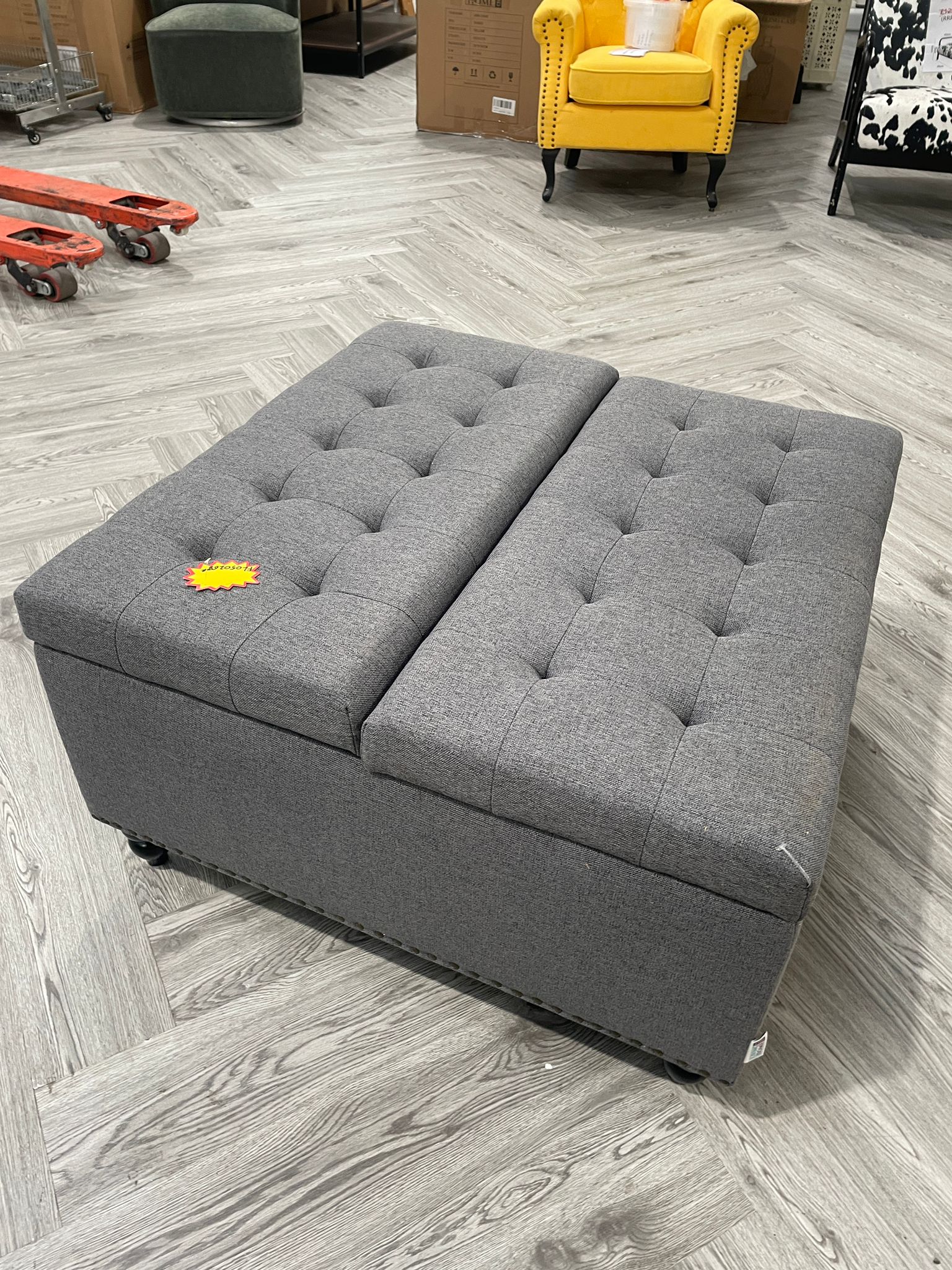 Square Linen Upholstered Storage Ottoman with Lift Top & Flip Design Grey