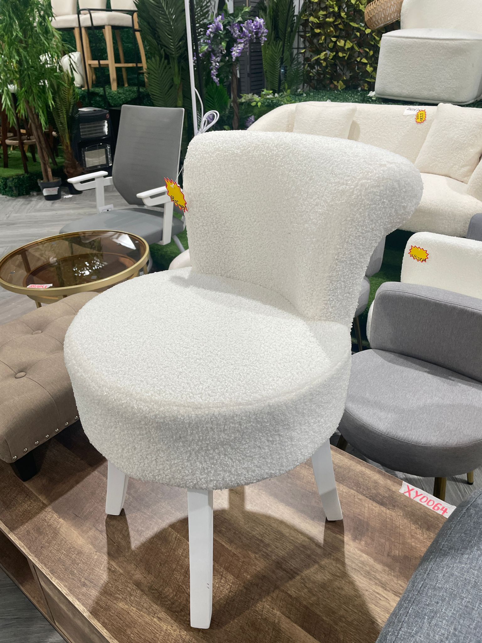 Teddy Fleece Upholstered Dressing Table Stool with Metal Legs White