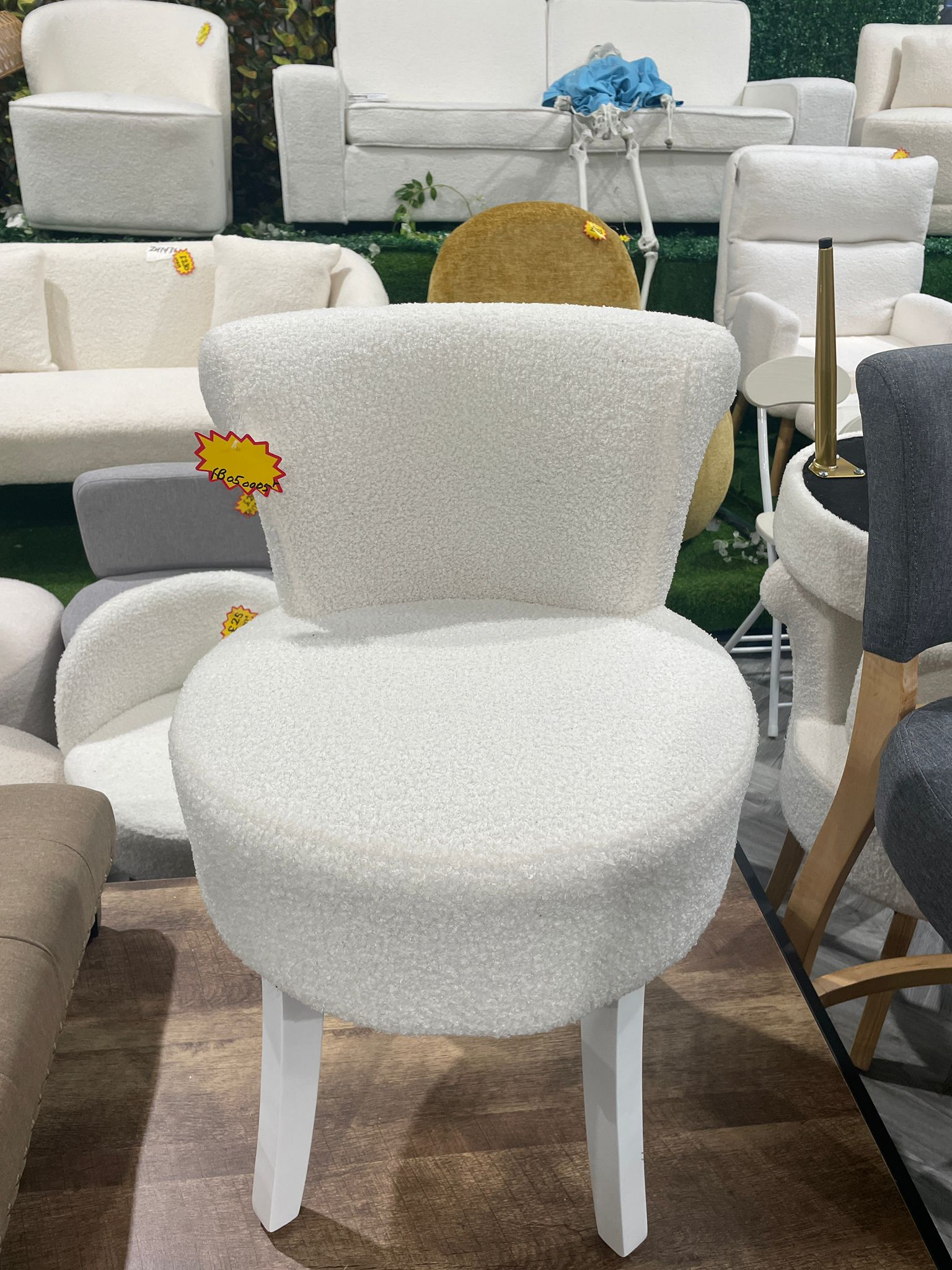 Teddy Fleece Upholstered Dressing Table Stool with Metal Legs White