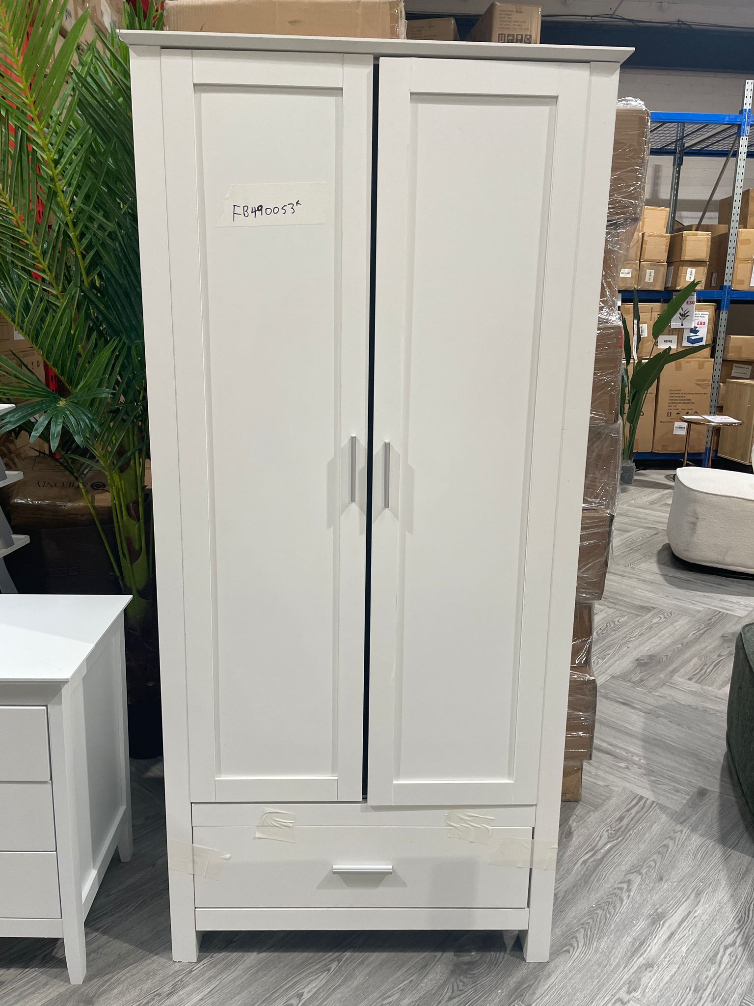 Modern Double Door Wardrobe with Drawer and Hanging Rail White