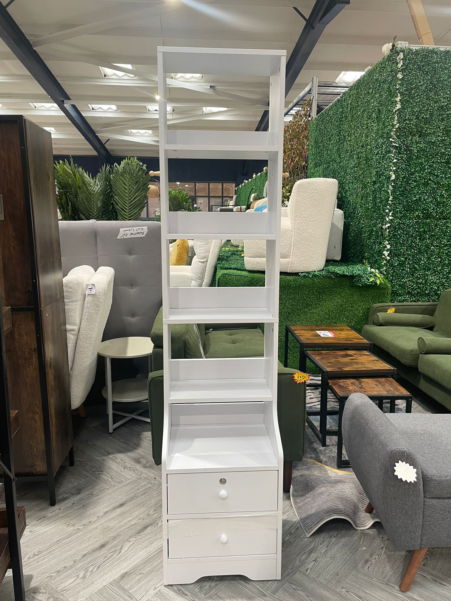 Slim 5 Tier Storage Shelving Unit with 2 Drawers White