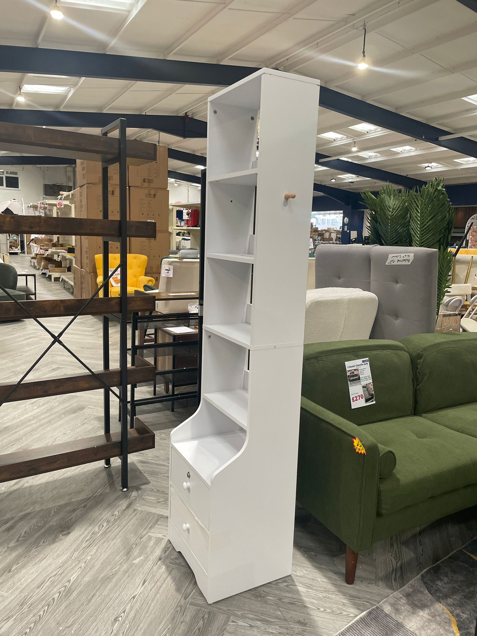 Slim 5 Tier Storage Shelving Unit with 2 Drawers White