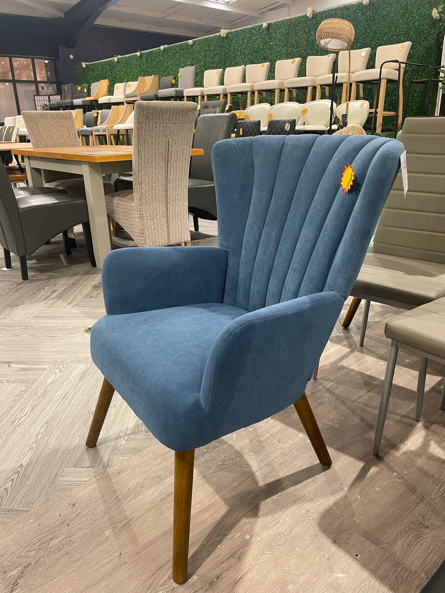 Velvet Upholstered Armchair with Cushions and Wooden Legs Blue