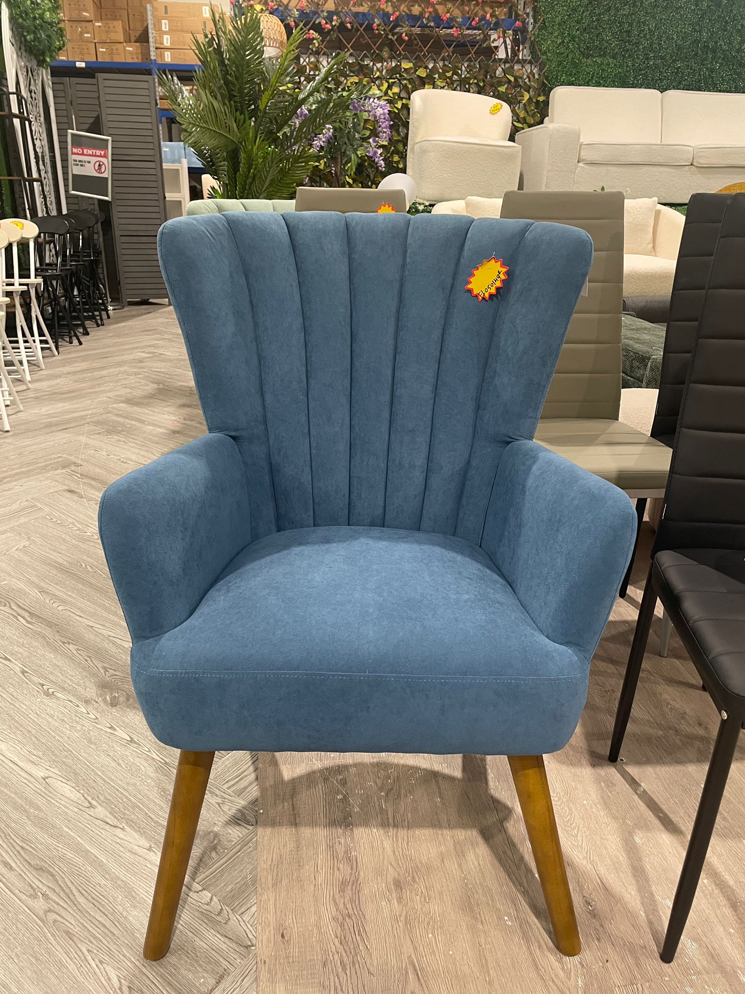 Velvet Upholstered Armchair with Cushions and Wooden Legs Blue