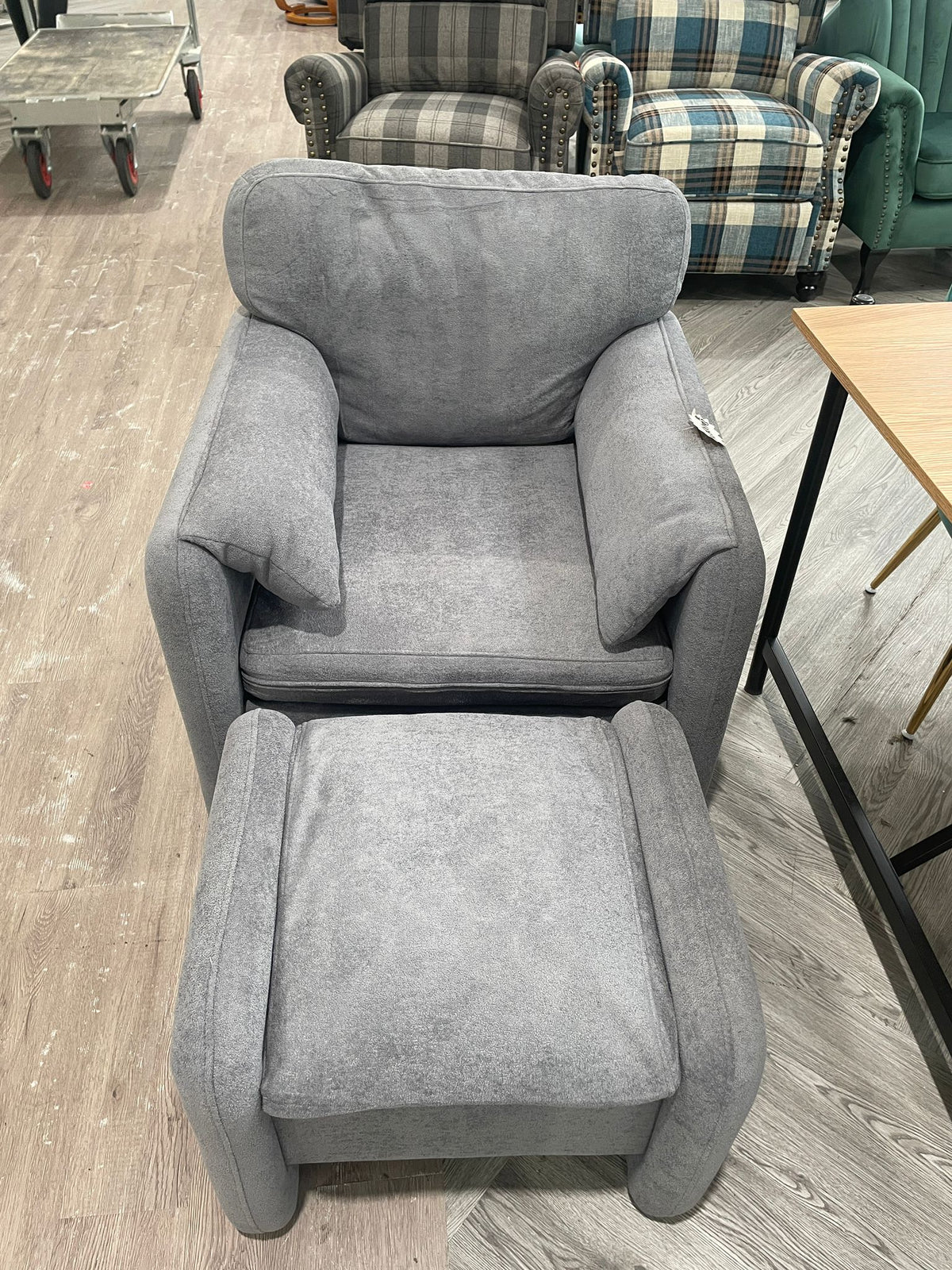 Chenille Upholstered Armchair with Footstool Grey