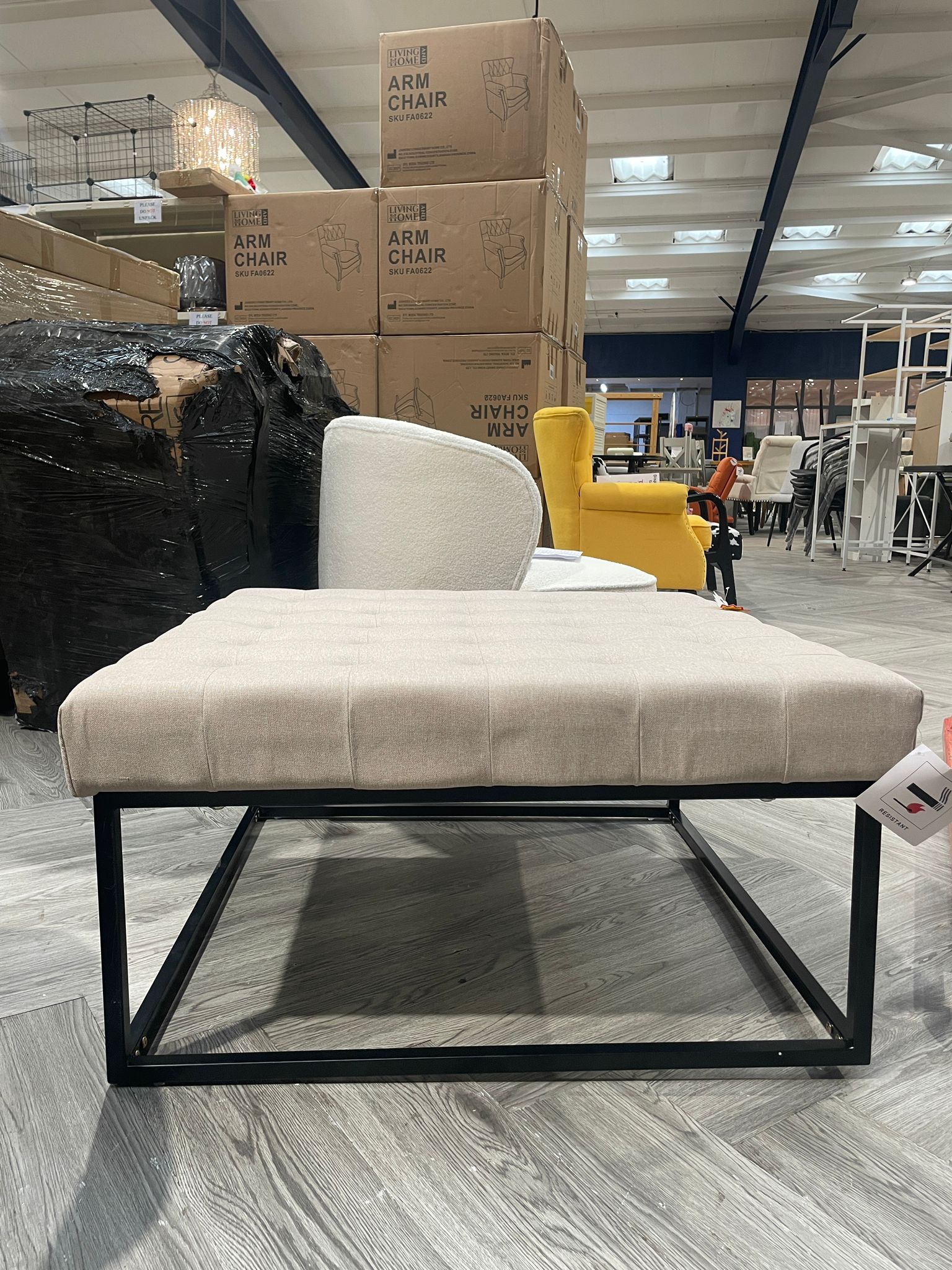 Square Linen Footstool with Metal Frame Beige