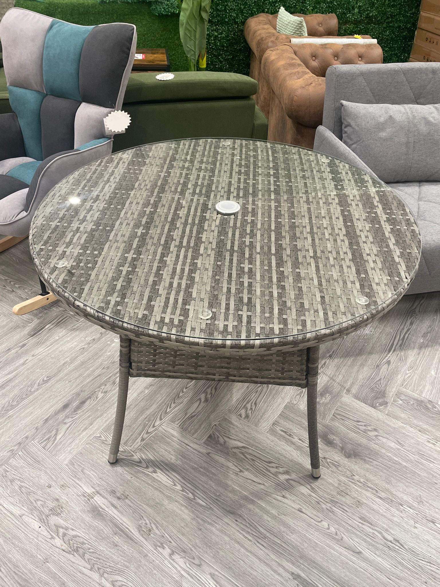 Garden Rattan Tempered Glass Dining Table with Parasol Hole 100cm D