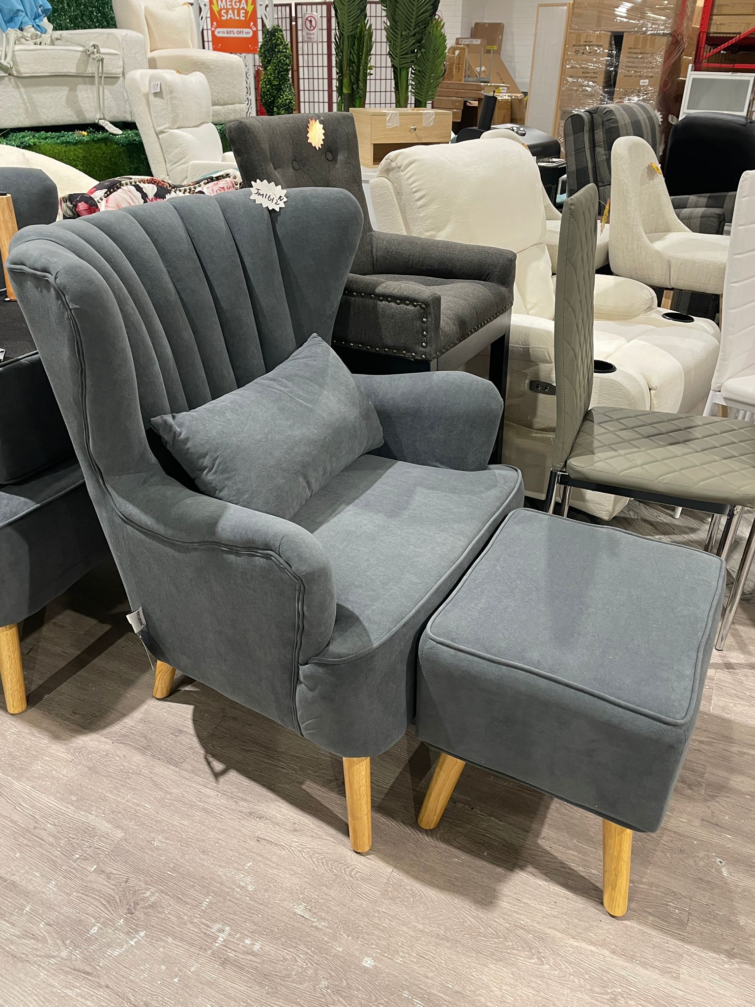 Grey Wingback Armchair with Footstool and Cushion