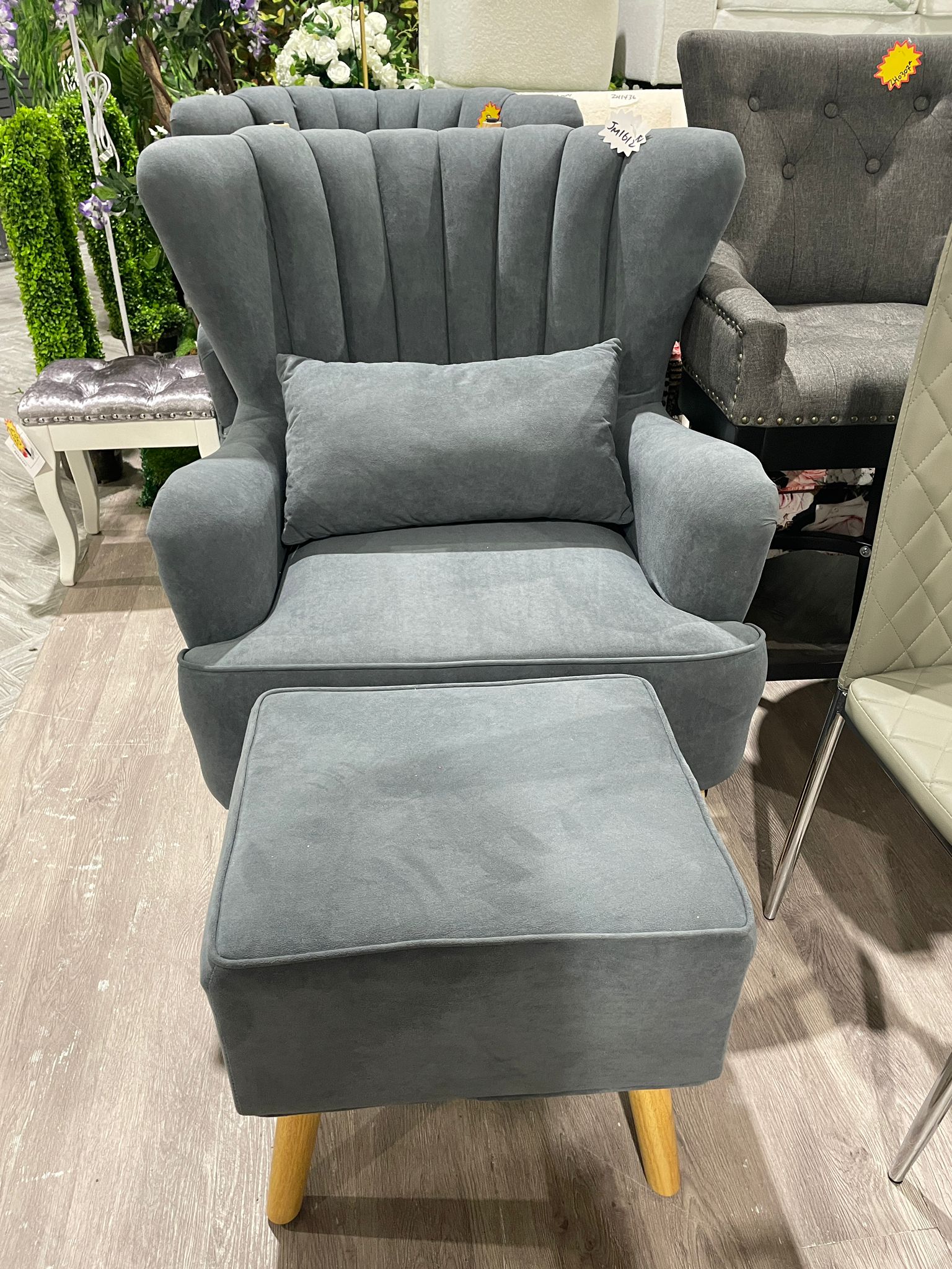Grey Wingback Armchair with Footstool and Cushion