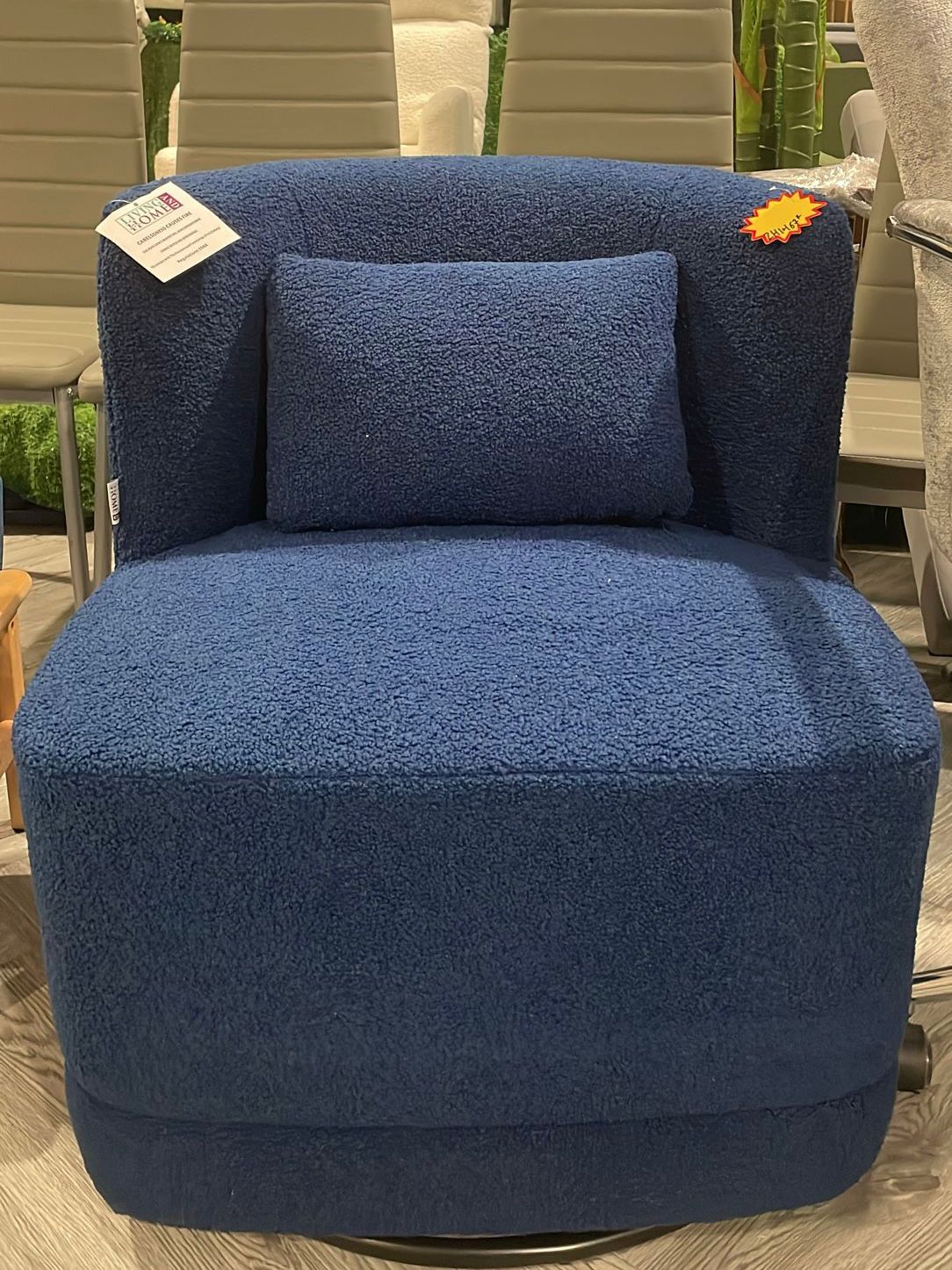 Teddy Bear Fur Upholstered Swivel Accent Chair with Pillow Blue