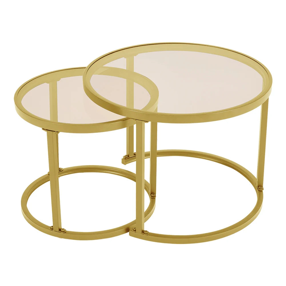 New Tea Glass Round Golden Framed Nesting Coffee Table Set of 2 Side Table