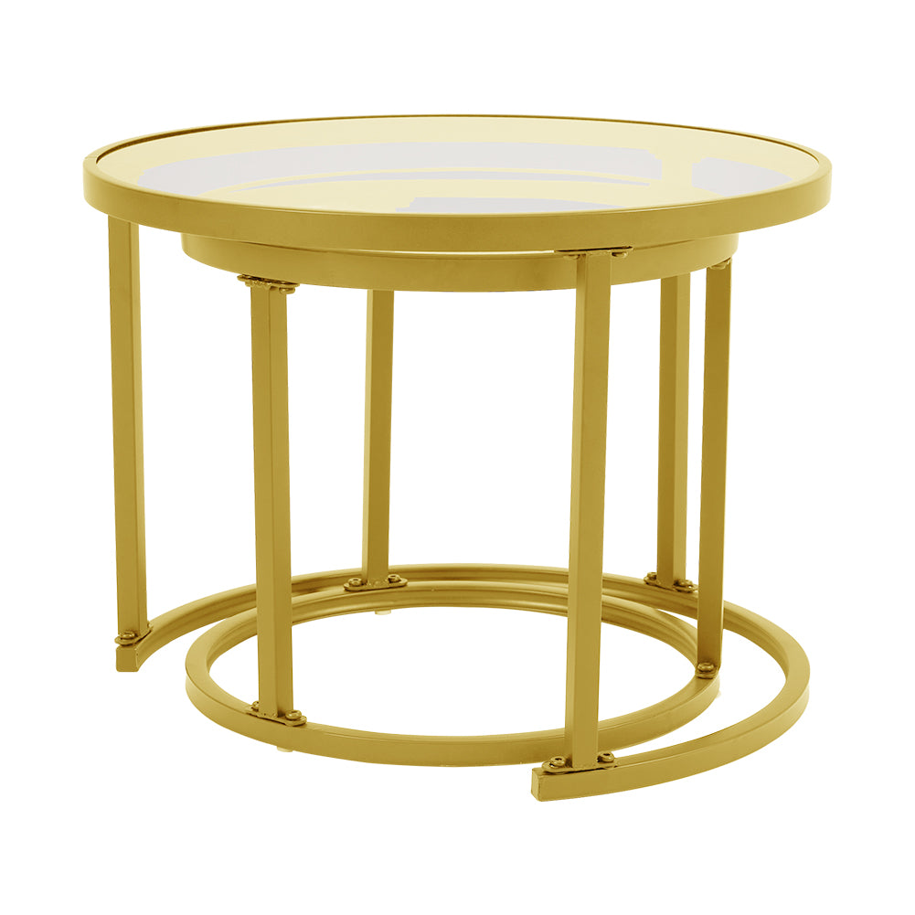 New Tea Glass Round Golden Framed Nesting Coffee Table Set of 2 Side Table