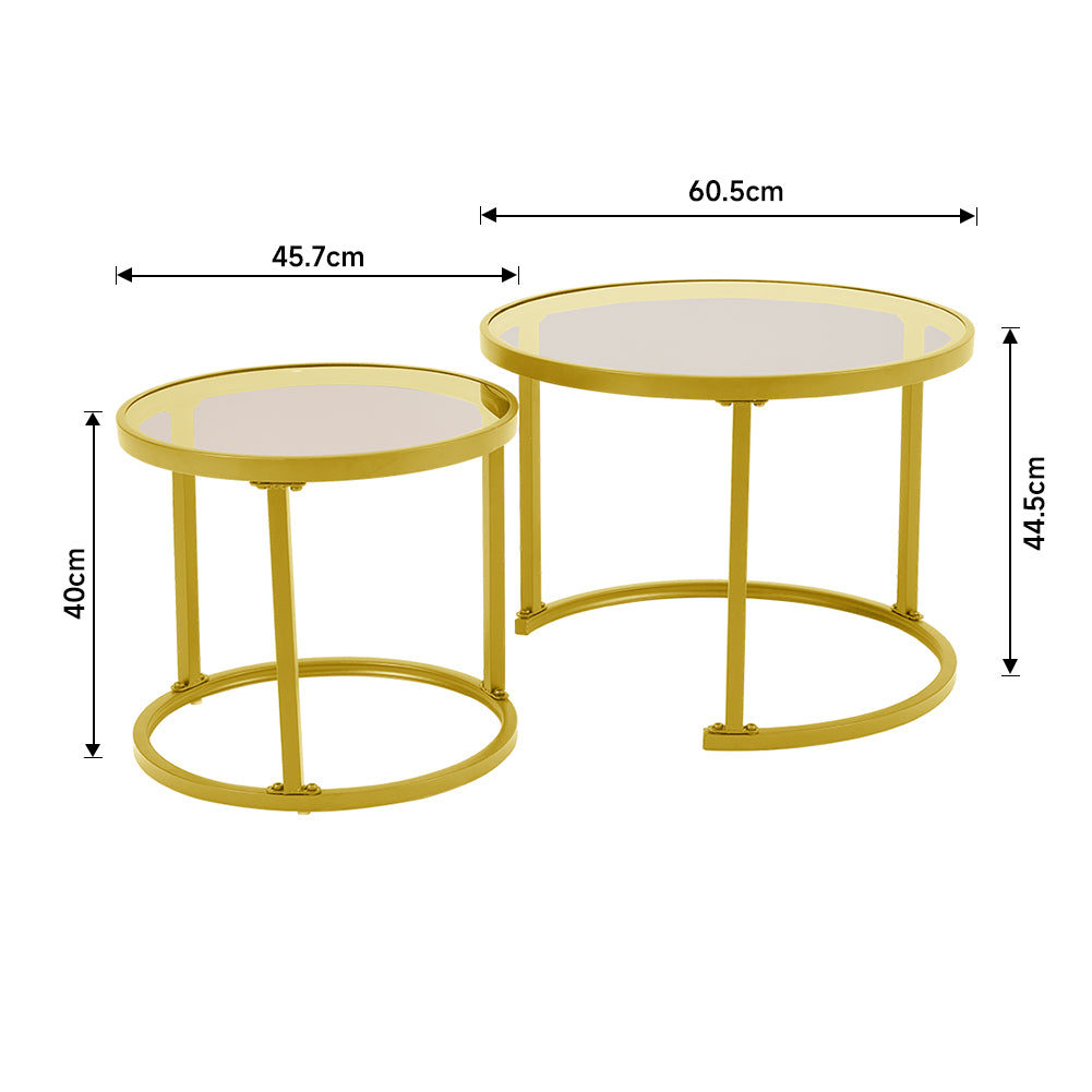 New Tea Glass Round Golden Framed Nesting Coffee Table Set of 2 Side Table