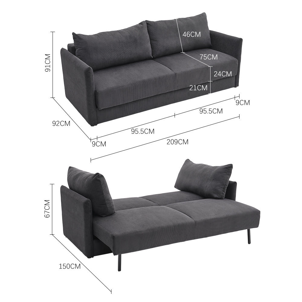 New Grey 3-Seater Sleeper Sofa Bed