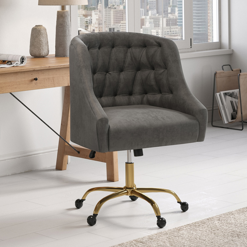 New Buttoned Grey Velvet Office Chair with Gold Base
