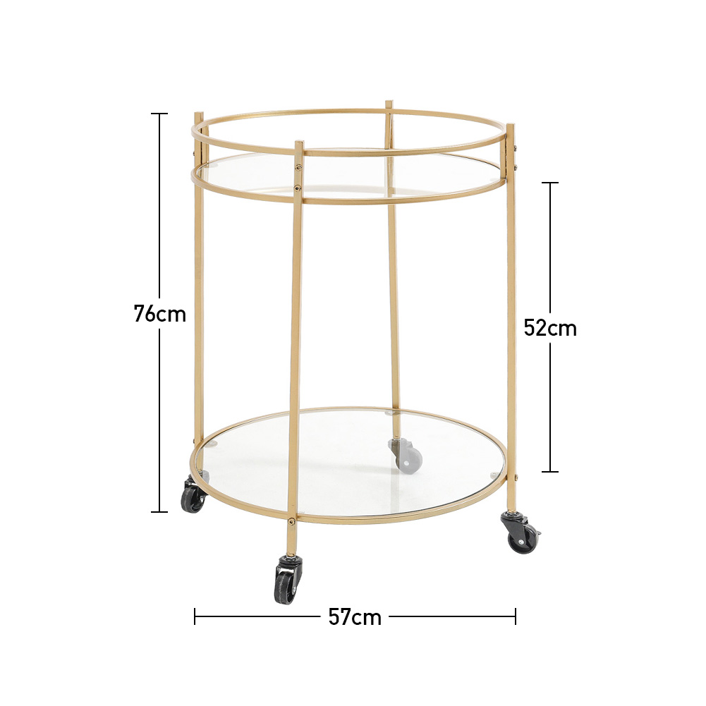 New Gold 2-Tiers Round Wine Serving Trolley with Metal Frame and Tempered Glass