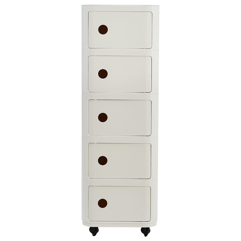New Square 5 Tier Plastic Storage Drawer Unit with Wheels Cream White