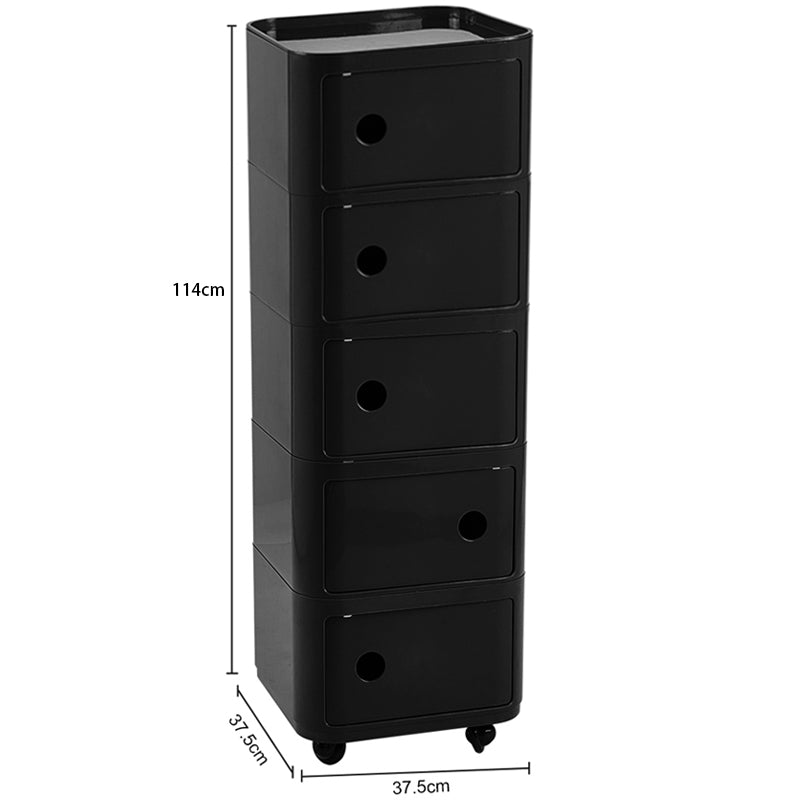 New Square 5 Tier Plastic Storage Drawer Unit with Wheels Black
