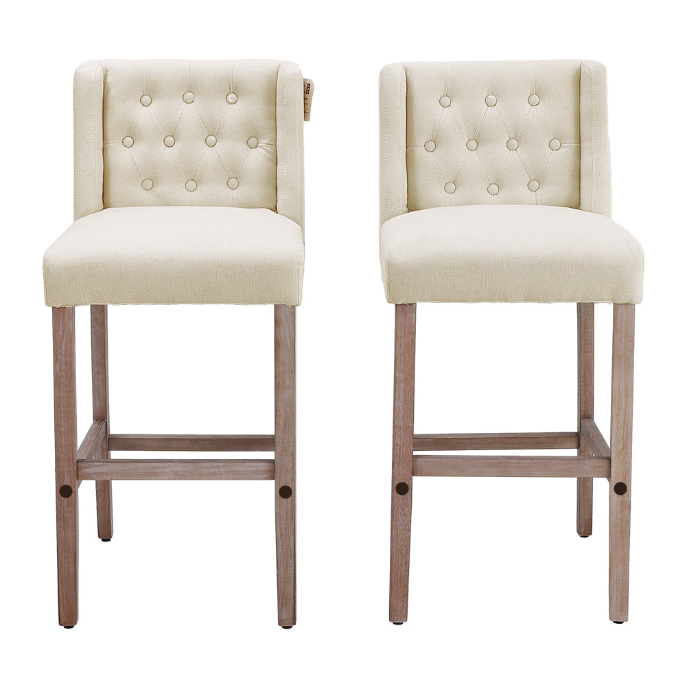 New Set of 2 Rustic Bar Stools Linen Tufted with Wood Legs Beige