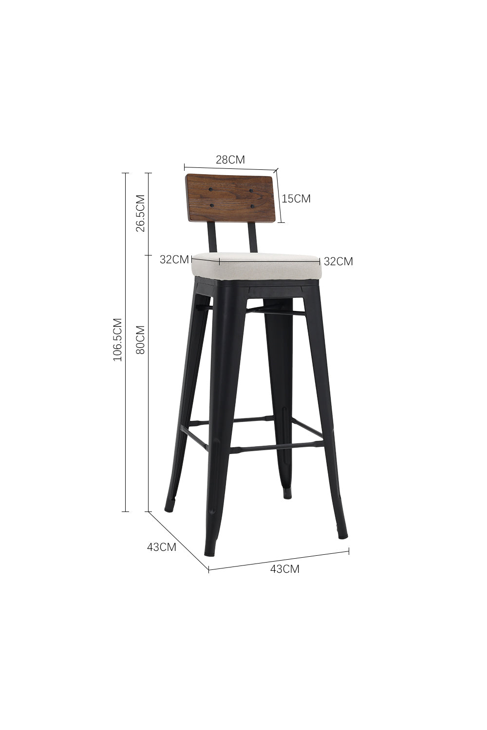 New Set of 2 Metal Breakfast Bar Stools with Backrest Beige
