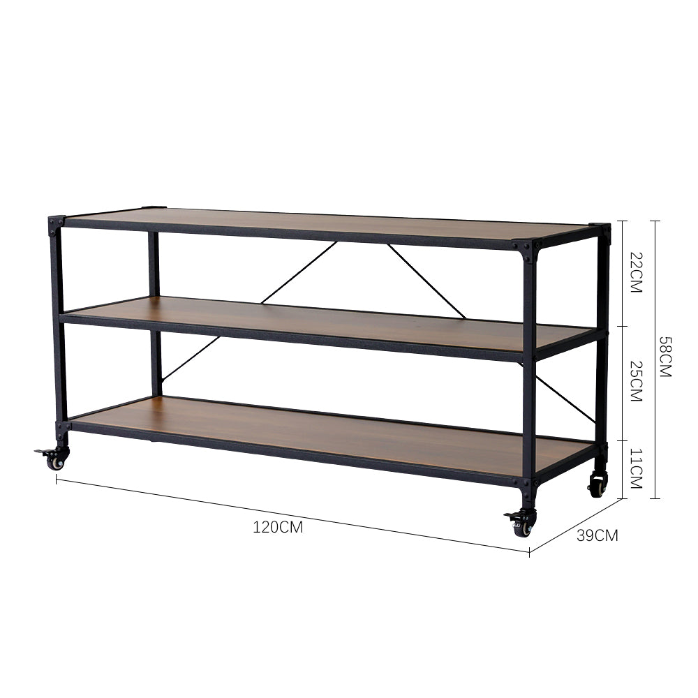 New Metal Frame 3 Tier Wooden Shelving Unit Storage Rack with Wheels