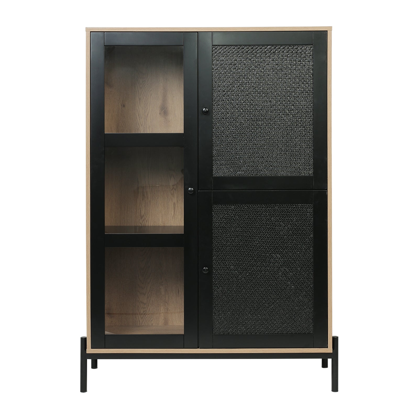 Black Woven Wicker Straw Doors Storage Cabinet