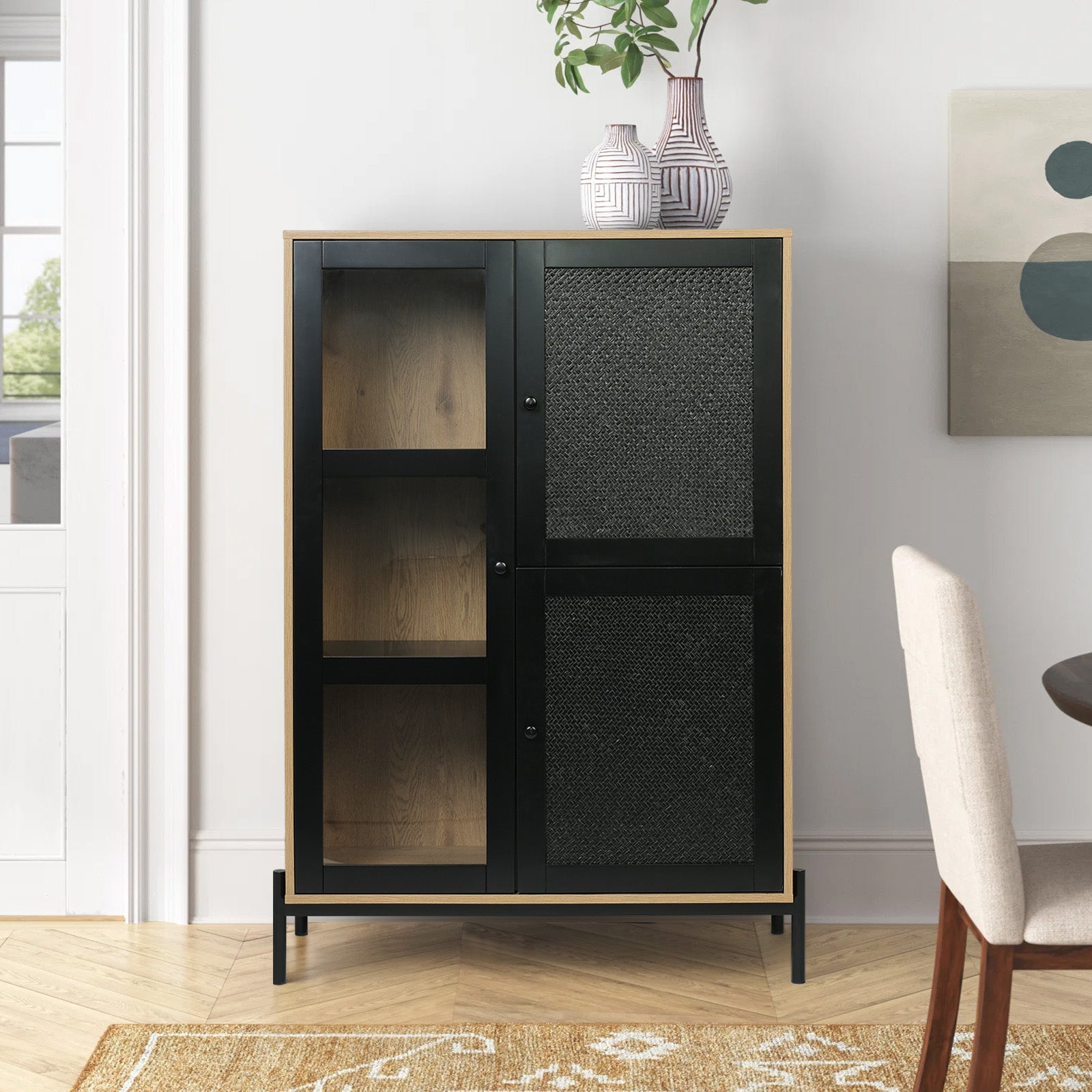 Black Woven Wicker Straw Doors Storage Cabinet