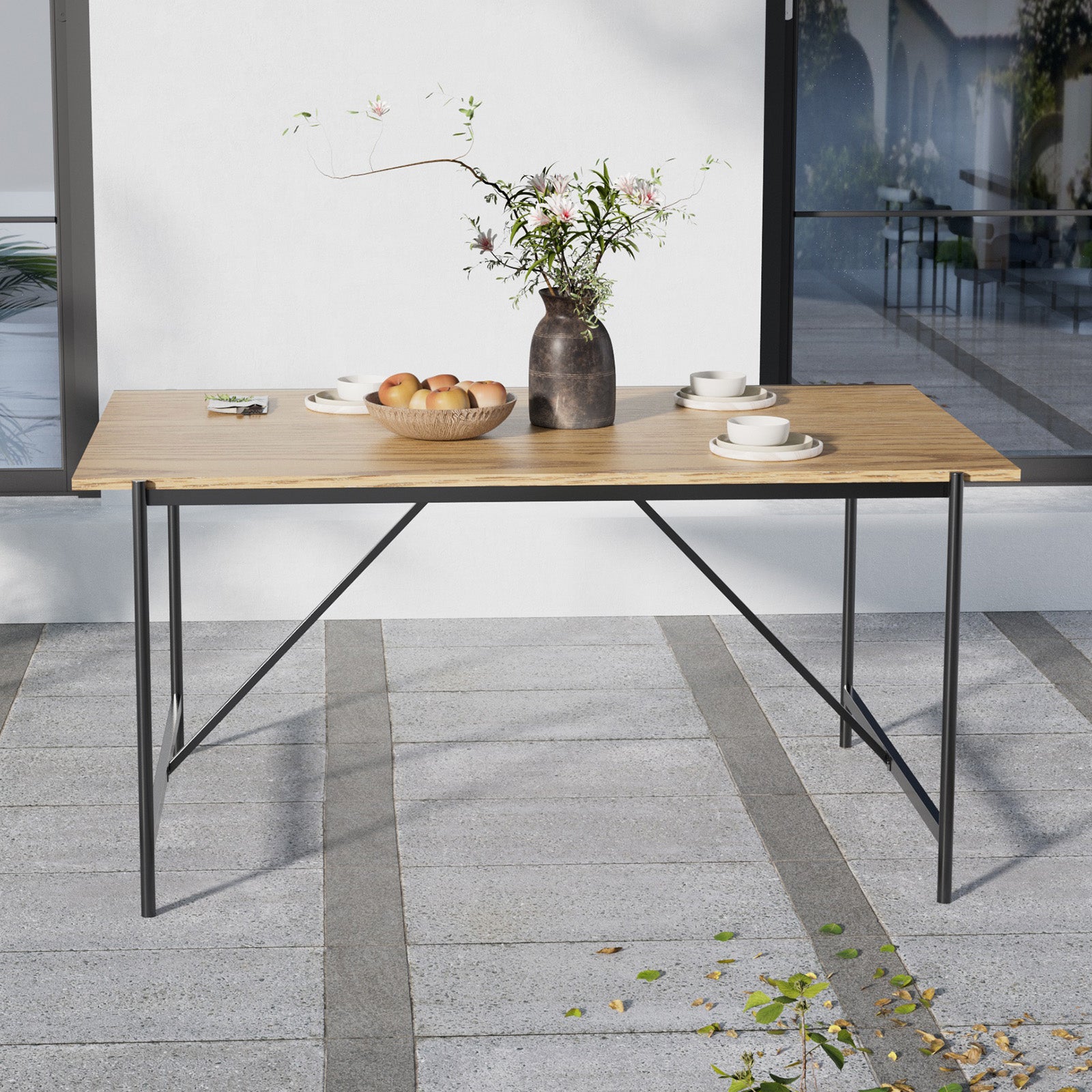 New Black Woven Wicker Wooden Dining Table