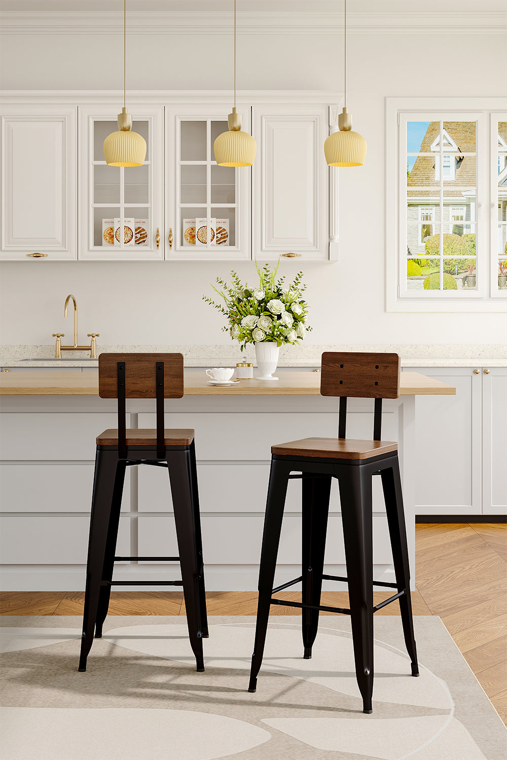 New Set of 2 Metal Breakfast Bar Stools with Backrest