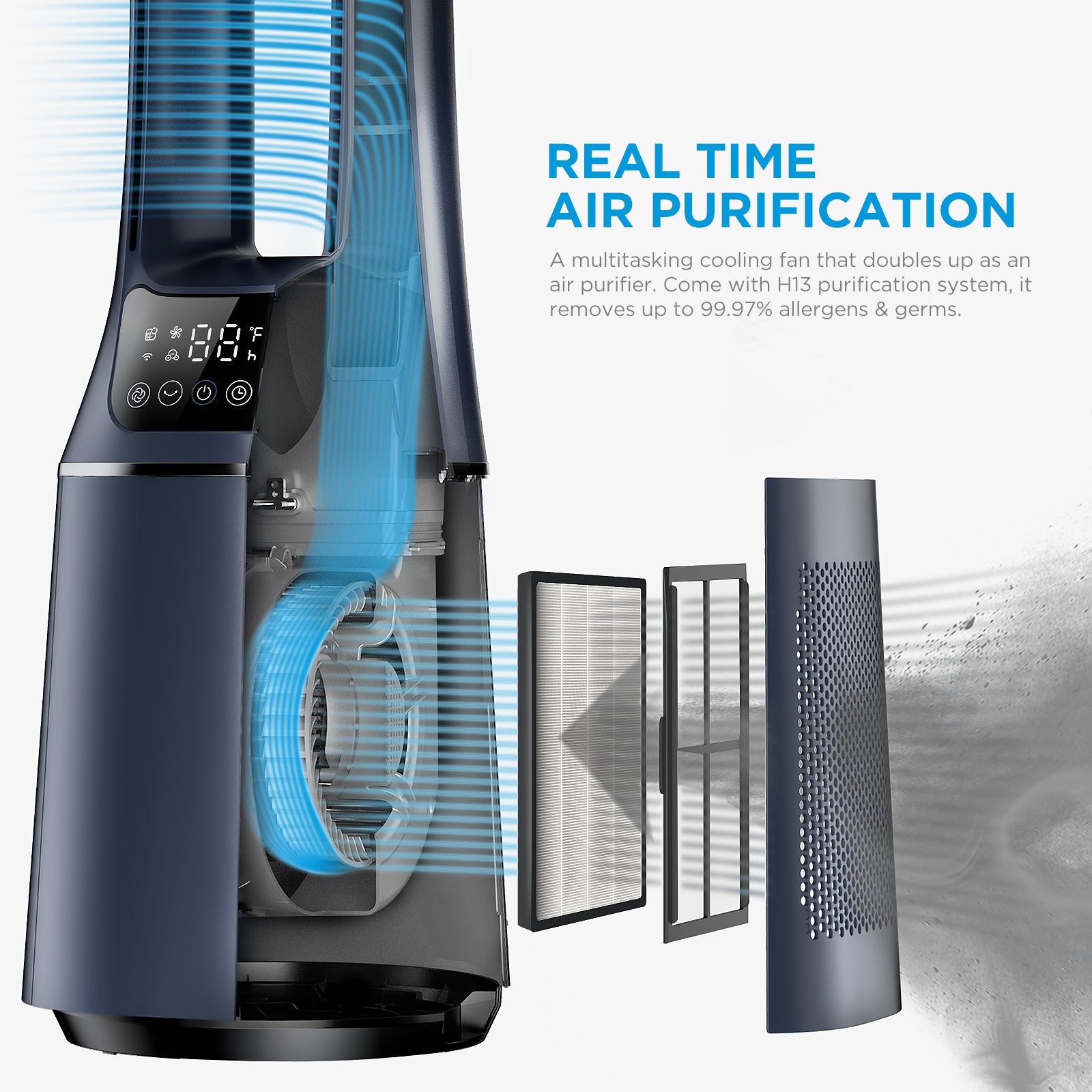 2-in-1 Black Bladeless Tower Fan with HEPA Filter