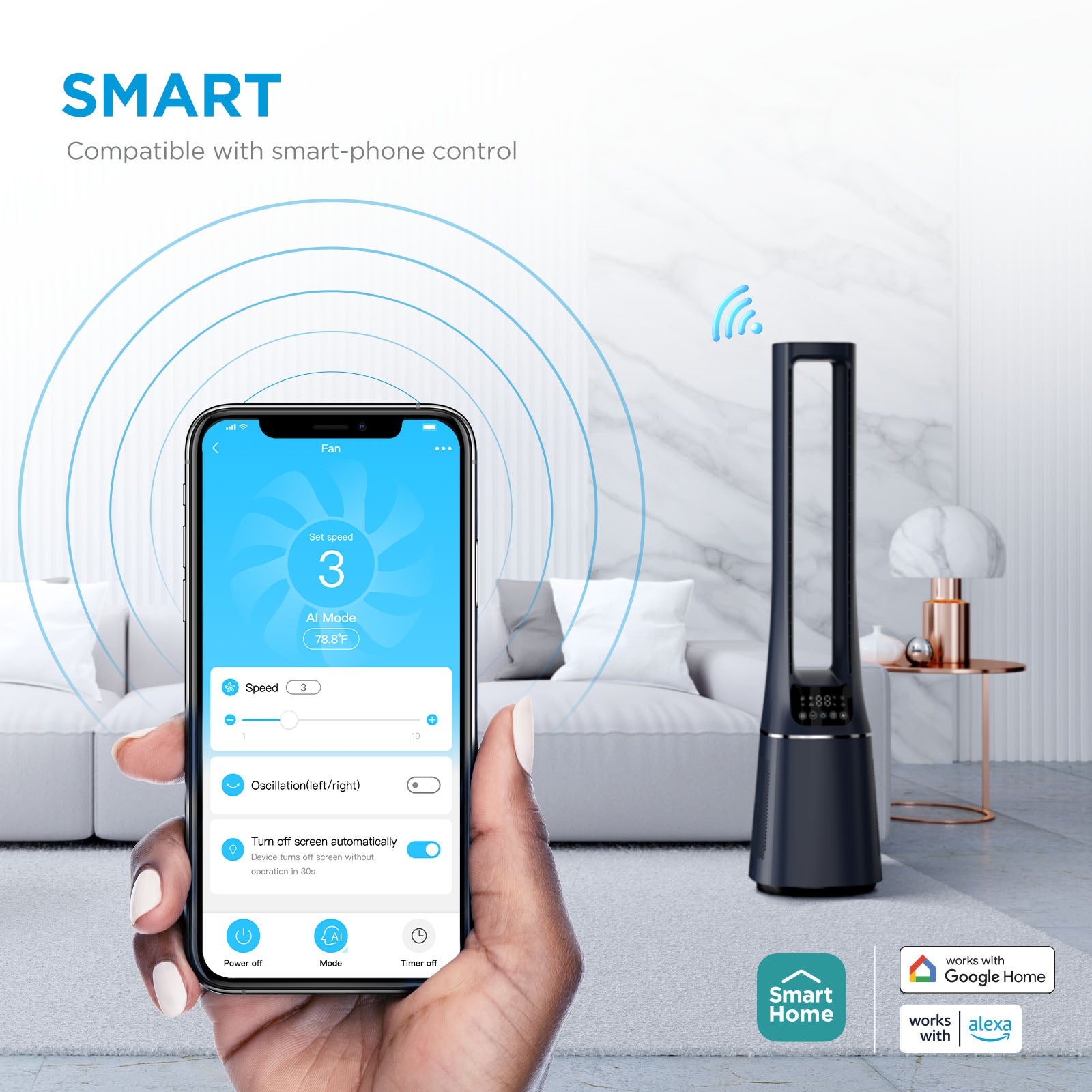 2-in-1 Black Bladeless Tower Fan with HEPA Filter