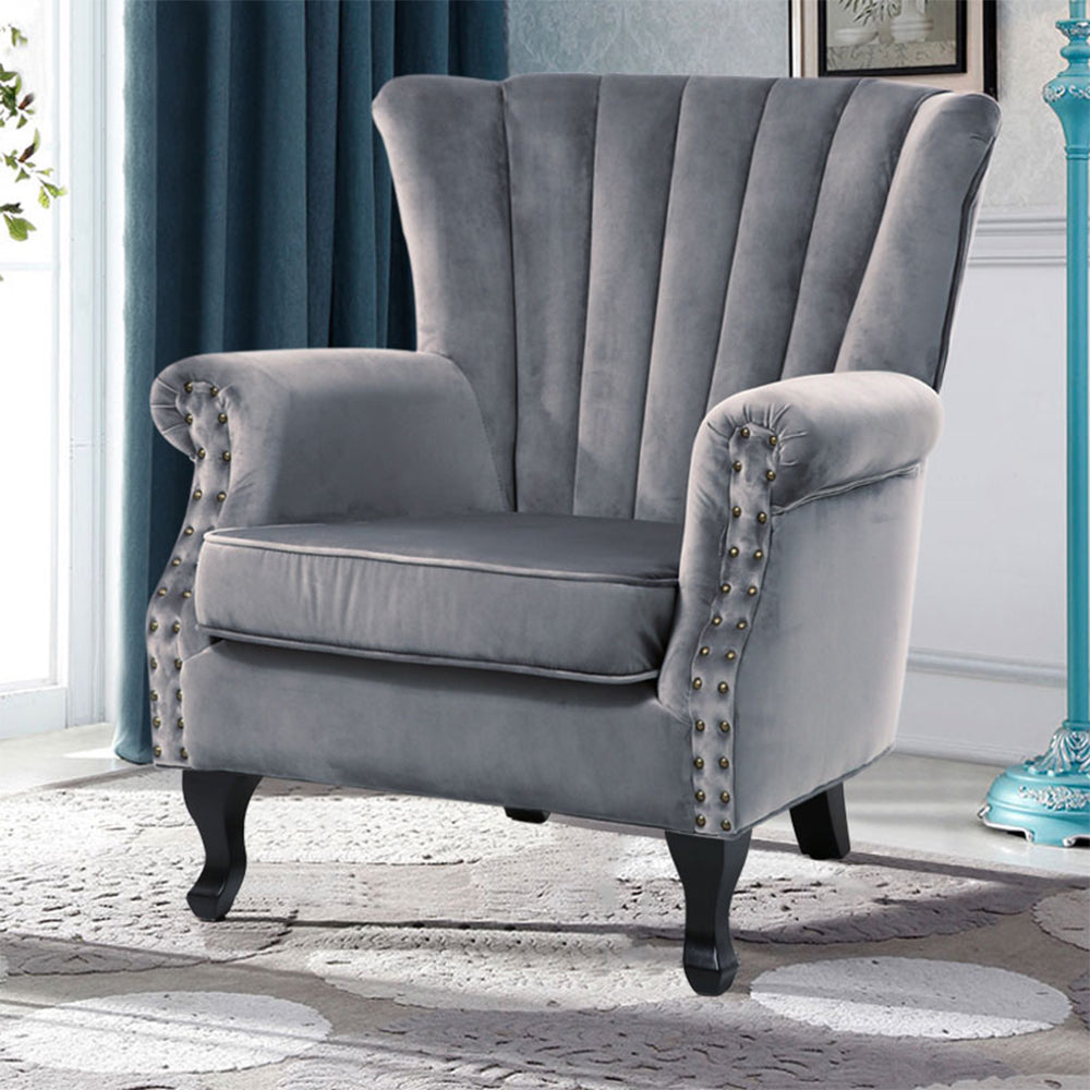 New Grey Vintage Velvet Upholstered Wing Back Armchair with Studs